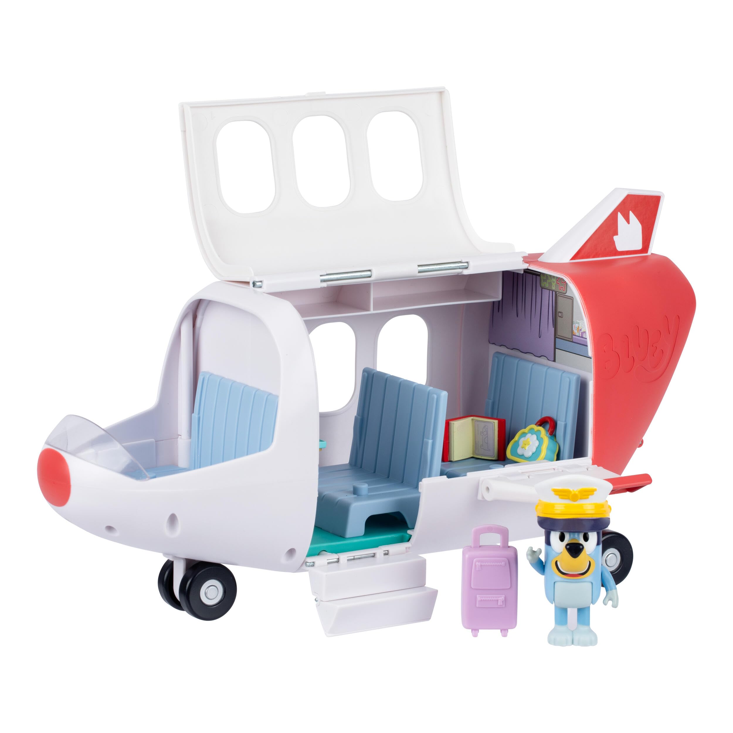 Bluey Adventure Plane, Features a Pilot figure, Opening Roof, Fold Down Stairs and Wings and Seating for the Family, Includes 5 Accessories, Luggage Storage and Sticker Sheet