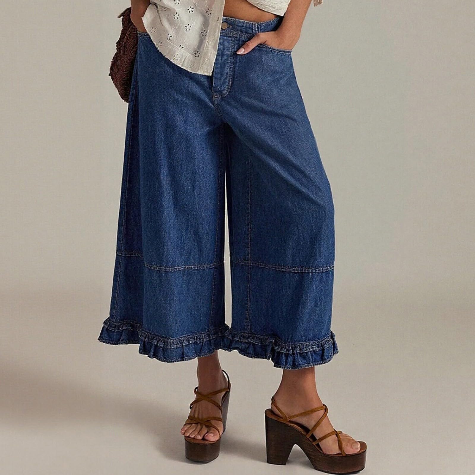 Generisch Pantalones vaqueros para mujer, pierna ancha, 7/8, volantes, pantalones casuales, holgados, con goma elástica y bolsillos, pantalones palazzo para adolescentes, niñas, pantalones de