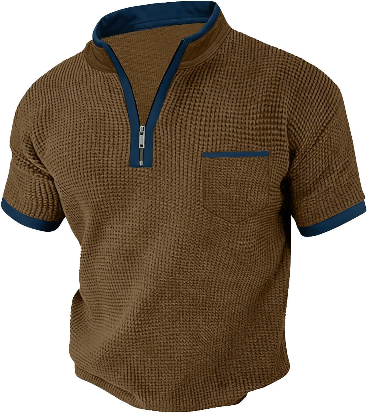 Mens Waffle Knit Short Sleeve Shirt Stand Collar Color Block Casual Pullover Top Textured Summer Fashion Button Shirts