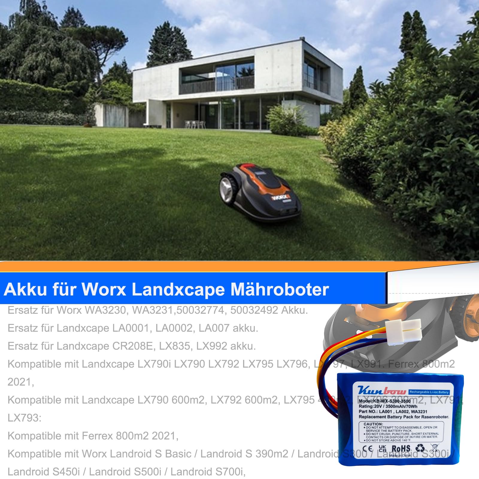 20V 3500mAh Rasenroboter-Akku, Ersatzakku für Landxcape LX790i / LX790 / LX792 / LX795 / LX796 / LX797 / LX991 & Ferrex 800 m² 2021, LA0001/LA0002/WA3230/WA323, Ersatz für Landxcape akku.