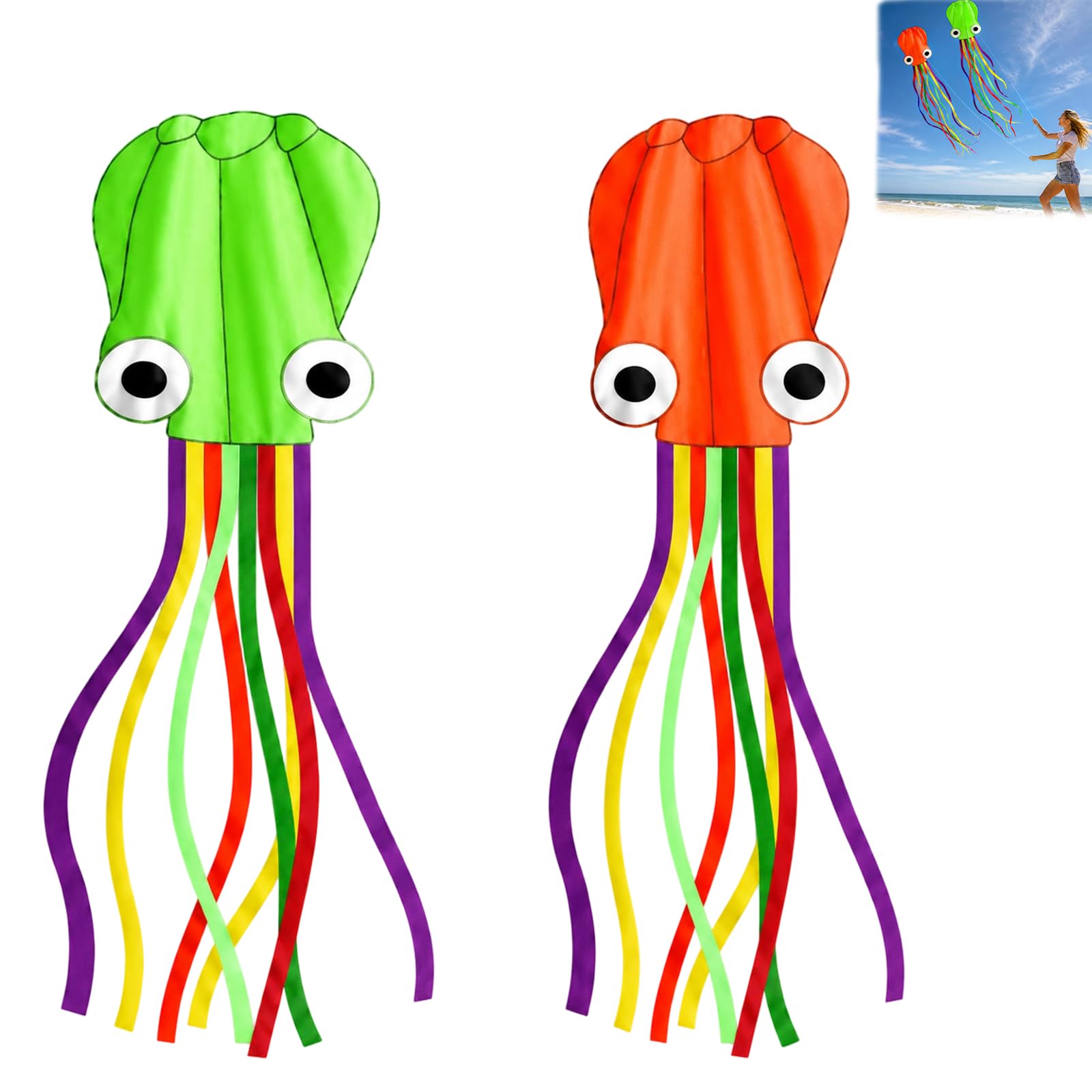 Kites for Kids Ages 4-8 Easy to Fly, Octopus Design with Long Tail, Outdoor Flying Fun for Parks and Beaches, Set of 2 Kites Measuring 3 by 55 cm