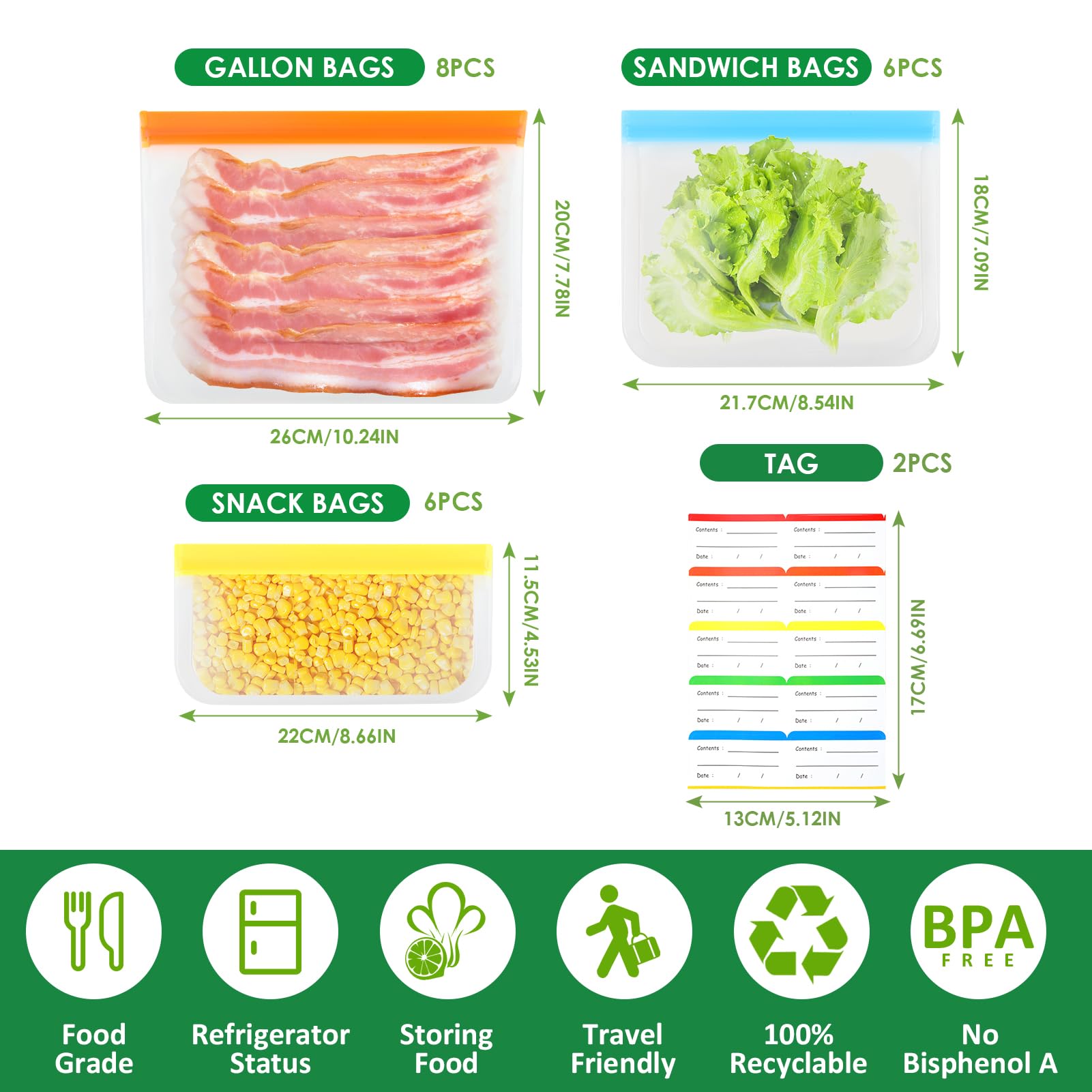 Lot de 24 sac congelation reutilisable et Stand Up,Sac congelation en silicone sans BPA, Sacs de rangement en silicone réutilisables Étanches pour Ranger Légumes, Fruits,Sandwich, LéGumes, Viandes