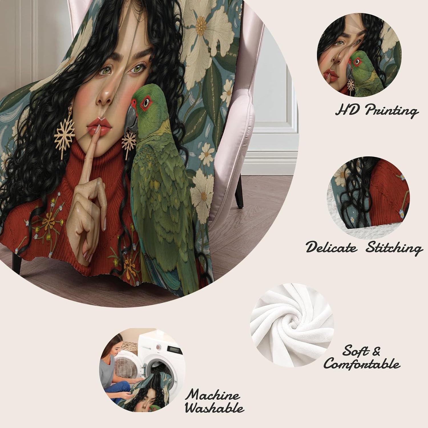 Exotic Beauty Parrot Throw Blanket, Lightweight Warm Vintage Flowers Flannel Blanket, Home Decor and Gifts, Blue Green Soft Cozy Blankets for Women Kids, 50"X60" for Bed Couch Travel image 5