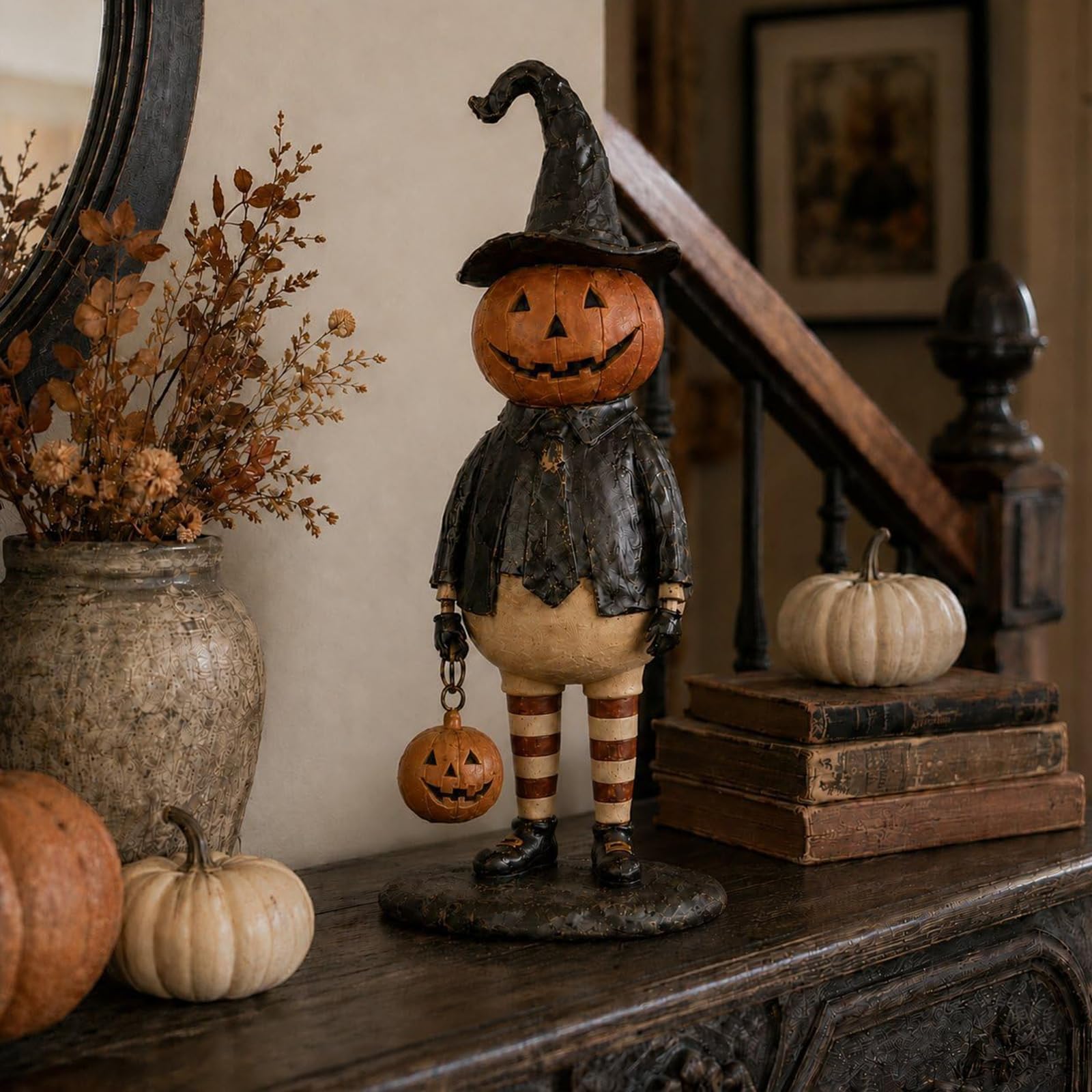 Halloween Pumpkin Man Figurine, Lighted Vintage Witch Gentleman Statue