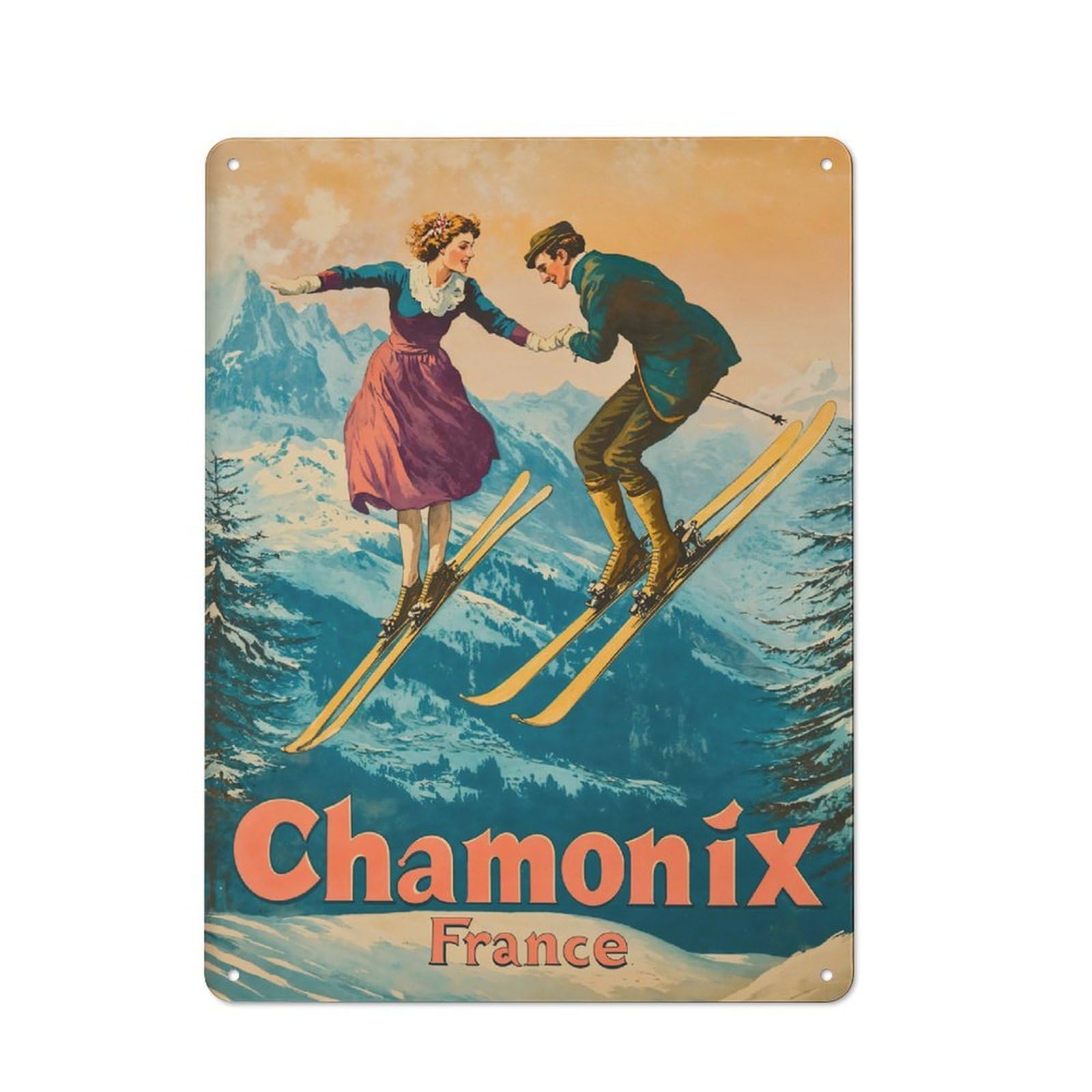 Junmoney Style-11 Metal Sign 40X30cm With Vintage Chamonix Ski France For Pub Or Café, Vintage Decor, For Metal Sign Collectors, For Garage And Workshop Walls