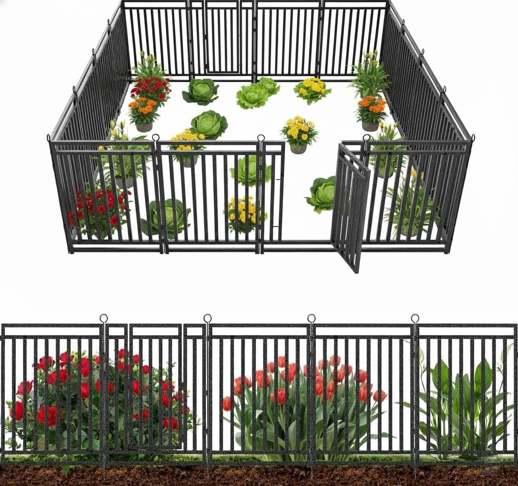 Decorative Garden Fence Metal Dog Fence Outdoor, 40in (H) x 36ft (L), 14 Panels + 2 Gates, Heavy Duty Garden Fencing Animal Barrier for Patio & Flower Bed, Black-Silver