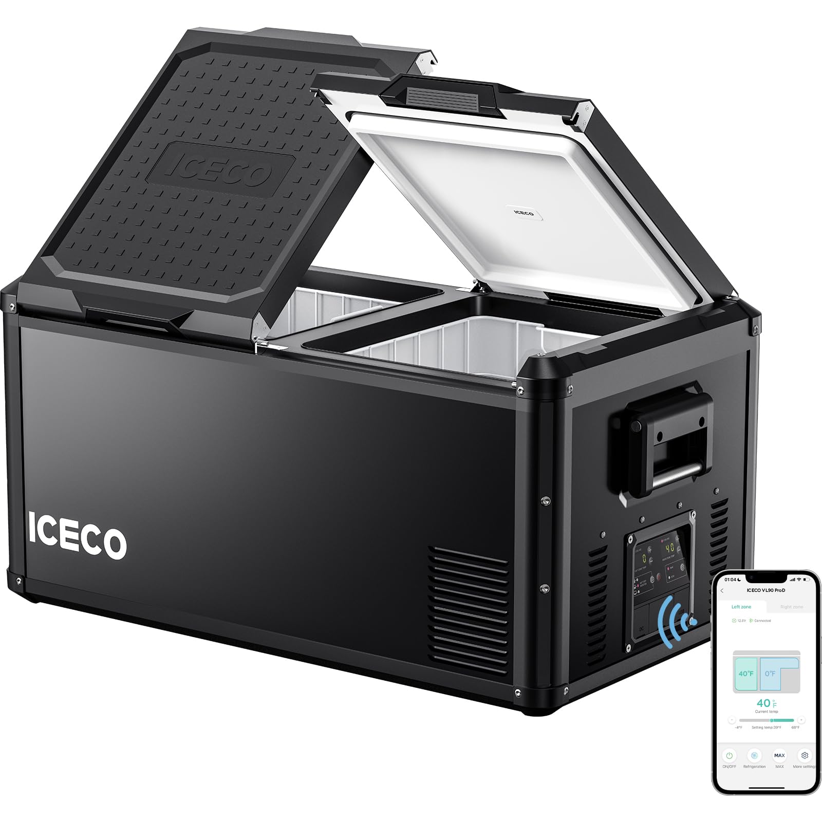 ICECO VL90 ProD Portable Refrigerator, Multi-directional Lid, Dual USB & DC 12/24V, AC 110-240V, 90L DUAL Zone Steel Compact Refrigerator Powered by SECOP, 0℉-50℉, Home & Car Use [Upgrade, 95 Quarts]