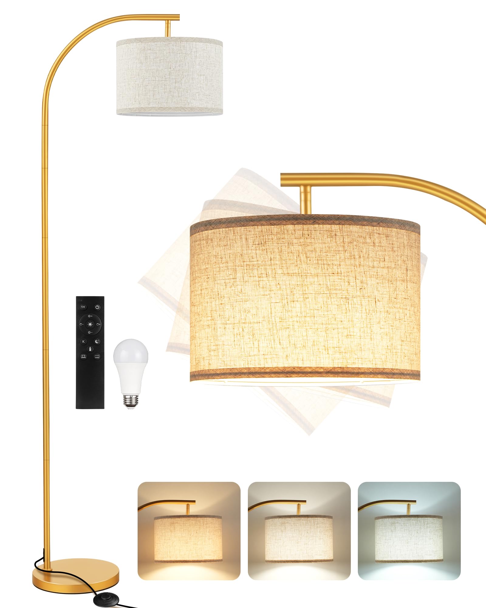 Dimmbare Stehlampe Leinen, Schwarz, Stehleuchte Fernbedienung | Wohnzimmerlampe mit Memory-Funktion und universell drehbarem Lampenkopf, E27, für Schlafzimmer, Wohnzimmer ZDE32LDD05