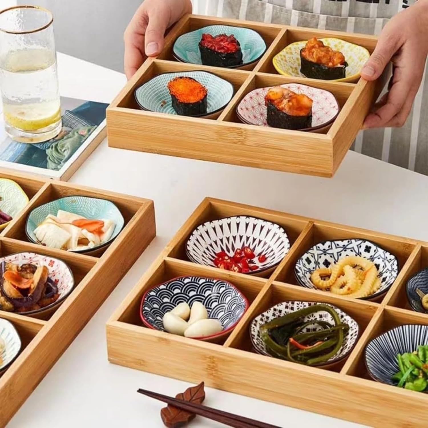 Zetify小皿セット、陶器、和食器、薬味盆、小鉢、蓋付き仕切り盆、竹盆、深盆、仕切り、陶器のつけ汁セット (6グリッド,A)