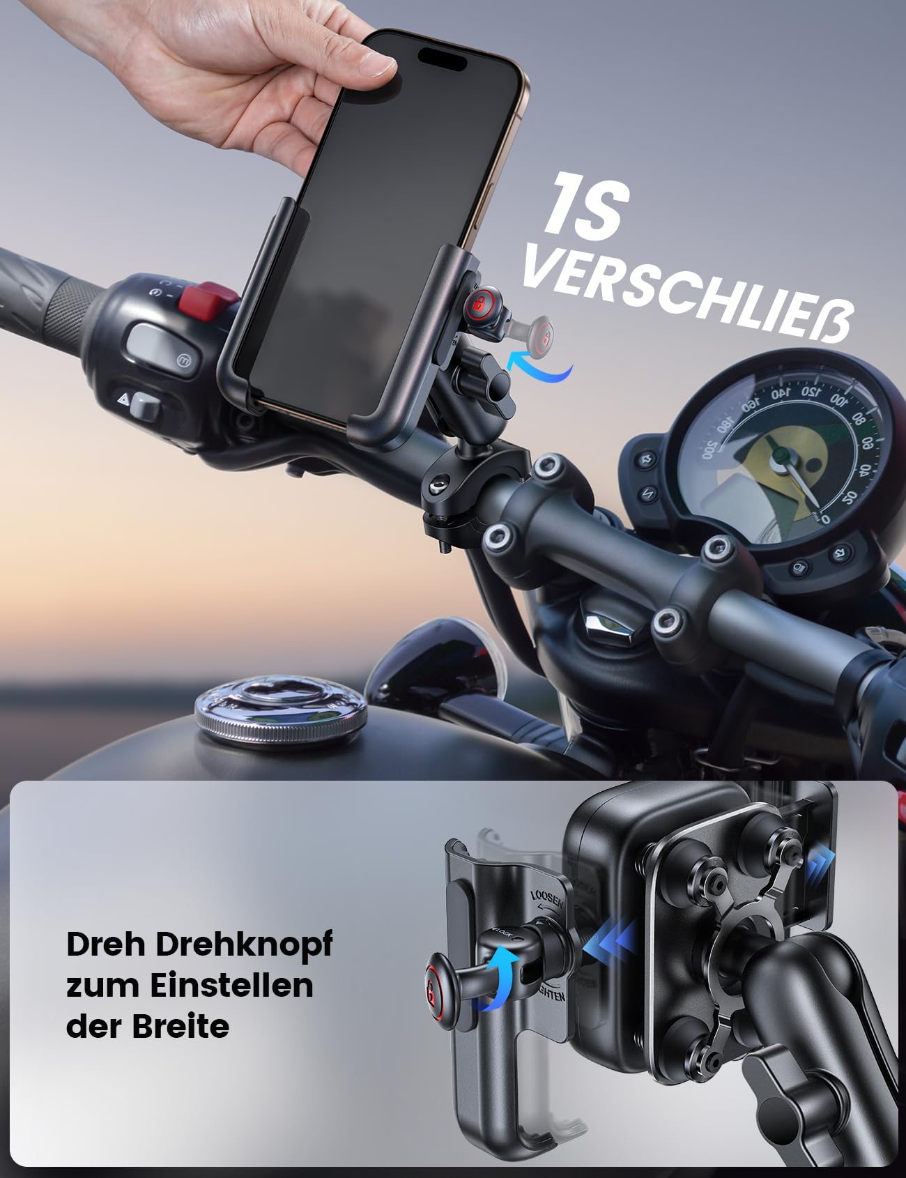 Lamicall Handyhalterung Motorrad, Fahrrad Handyhalter - [Ganzmetall & Ideal für Videos] Vibrationsgedämpfte Handy Halterung Motorrad, Lenker Halter mit Verlängerungsarm, für iPhone 17/16, 4,7-7,2 Zoll