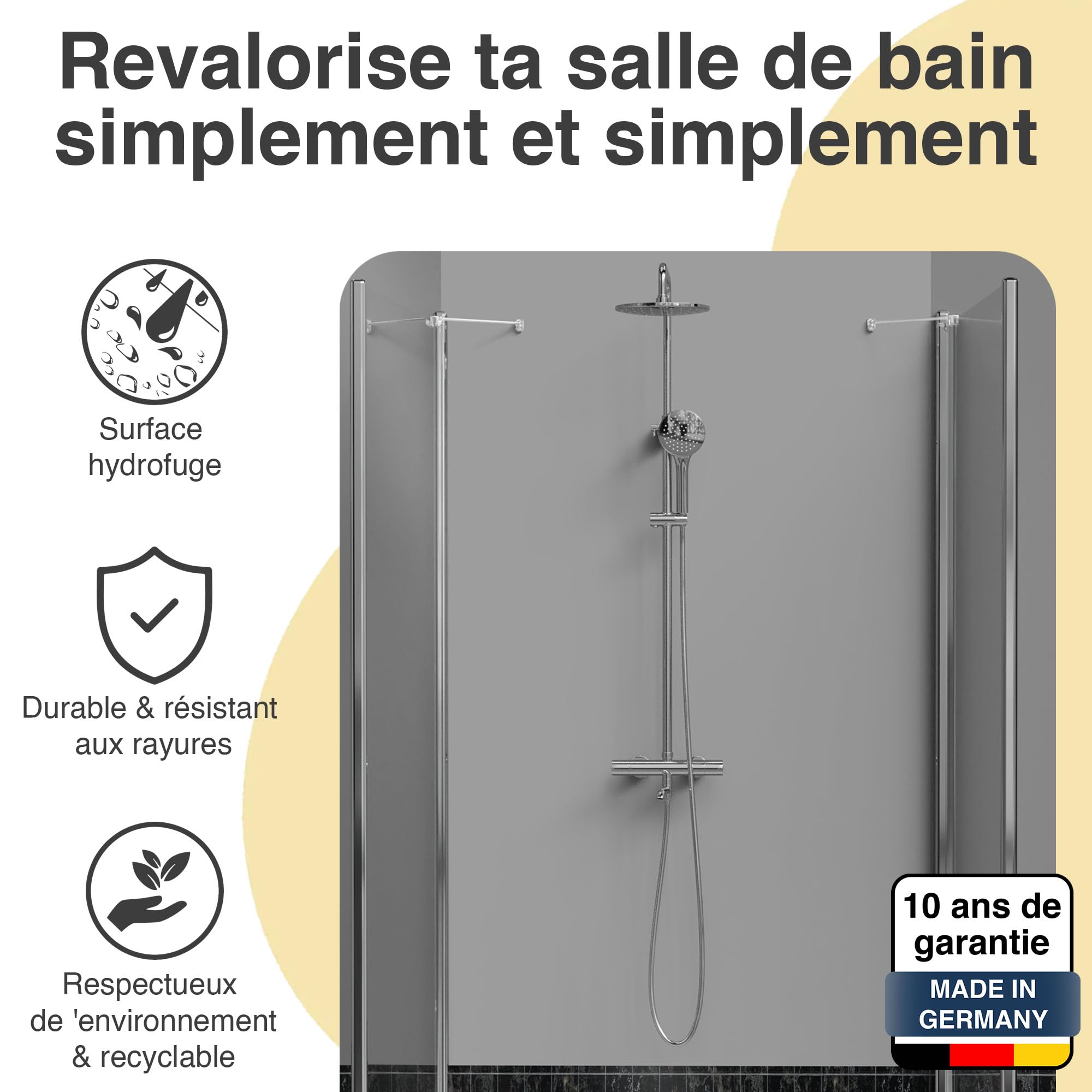 WALLando Panneau mural de douche (Gris clair / 250 x 100 cm) – Panneau en PVC facile à installer & résistant à l'humidité – Revêtement mural premium – Fabriqué en Allemagne