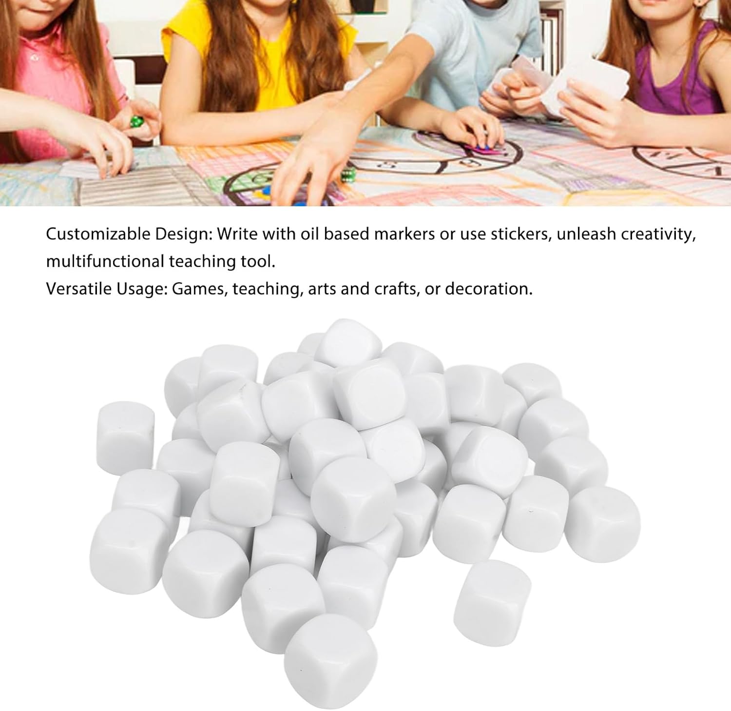 50pcs Custom White Dice 6 Sided Blank Dices Teaching Plastic Cubes for Board Games DIY Sticker Sticker Math Teaching Party