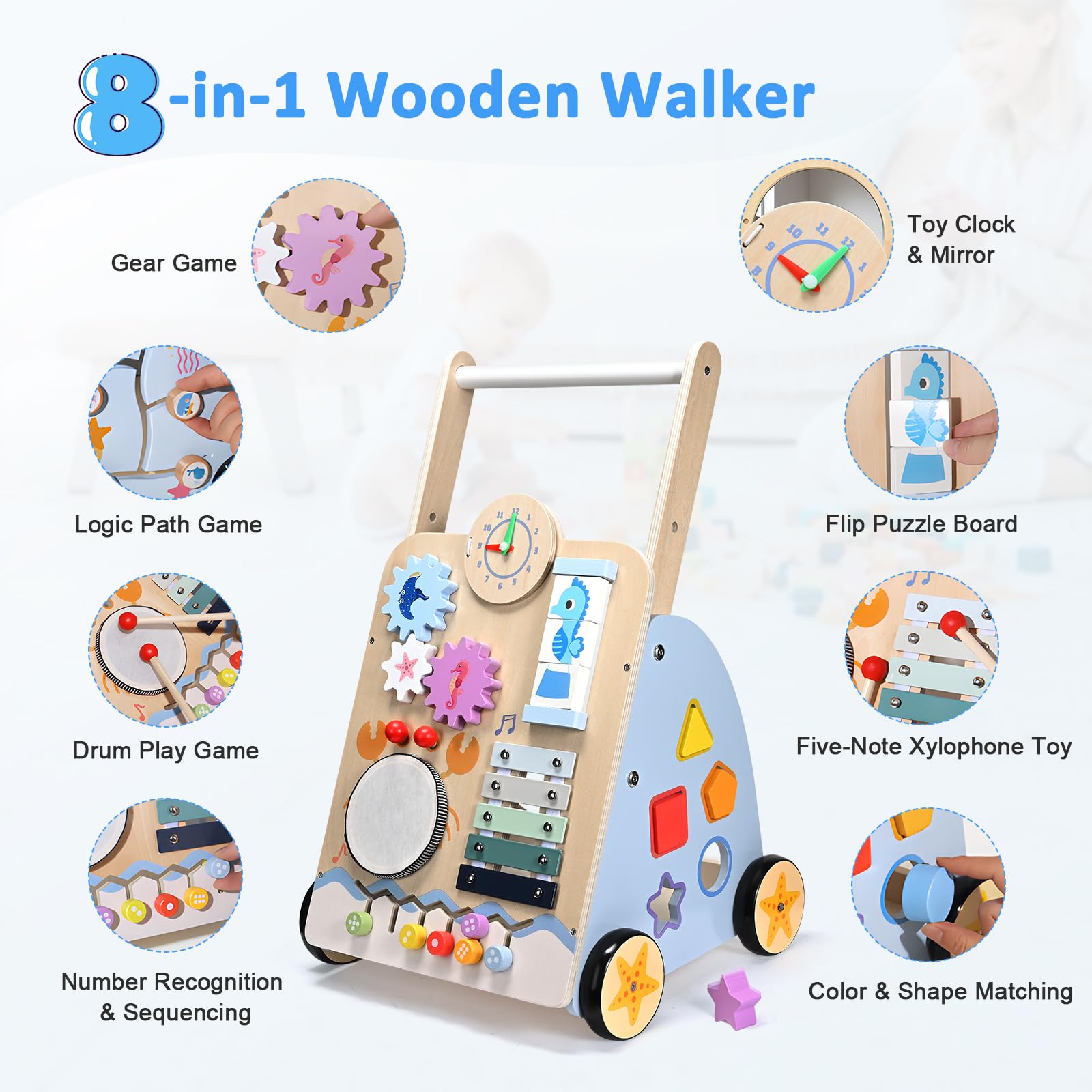 Lauflernwagen Holz 8 In 1 Verwendung für Kinder Ab 3–9 Monaten, Multifunktion Lauflernhilfe Baby mit & Rädern & Bauklötzen für Die Früherziehung Geschenk Geeignet