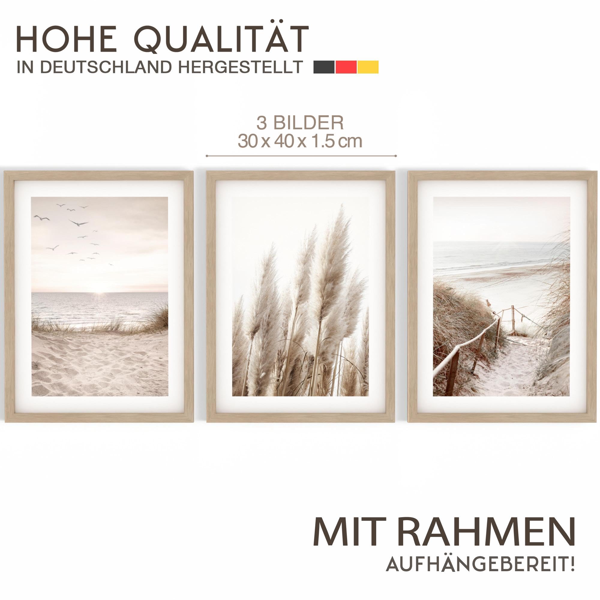 Novart Wandbilder Boho - mit Rahmen - Wohnzimmer Schlafzimmer Wanddeko - 3 Bilder Set Beige - N103935aR1