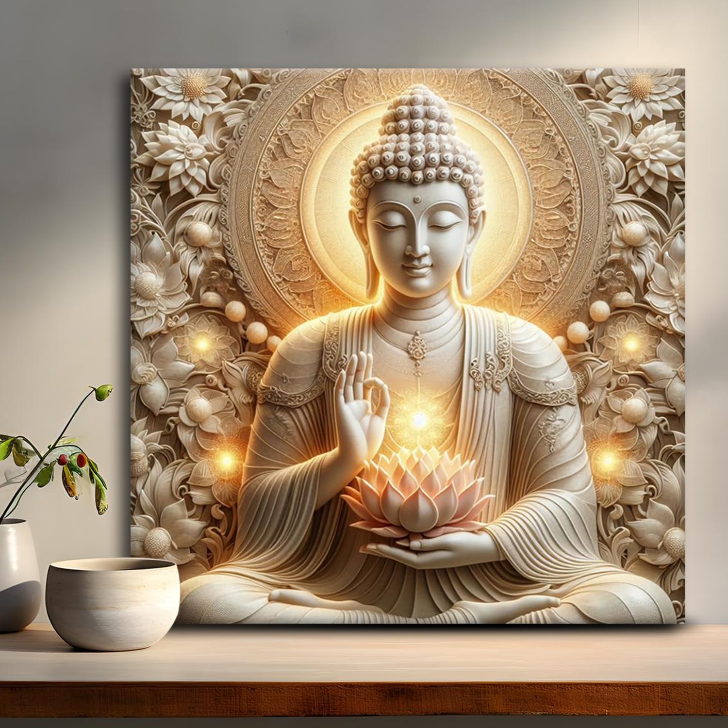 Olive Tree® Gautam Buddha Wall Art Canvas Painting for Home, Drawing Room, Office, Hotels Decor/Wooden Frame with Modern Style Hanging Art Perfect for Wedding, Anniversary Gift - SIze 24x24 Inch-image-4