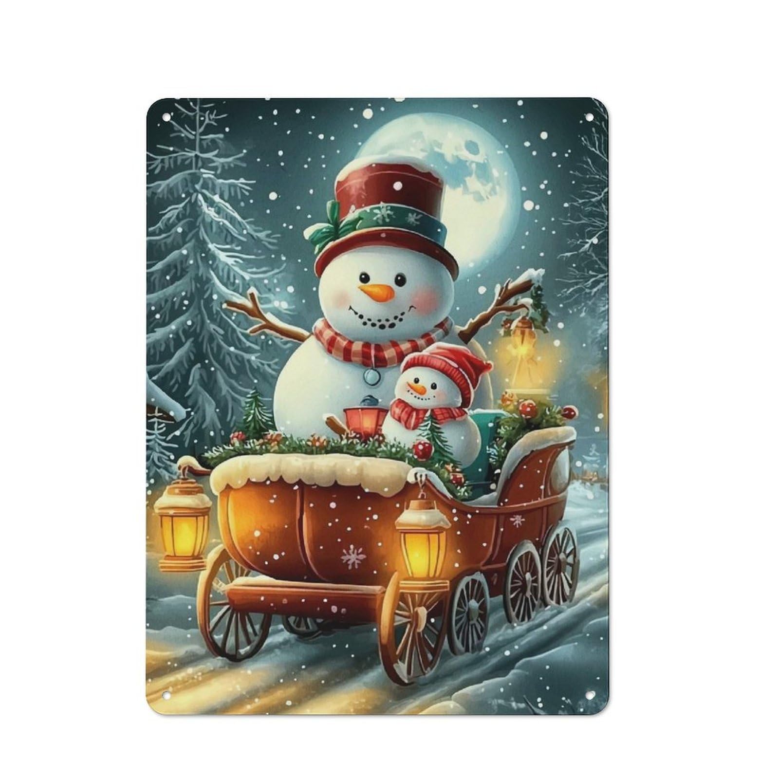 Junmoney Snowman Sleigh Winter Scene Vintage Metal Sign 40X30cm For Studio Or Craft Room, For Collectors Decorating Studios And Craft Rooms