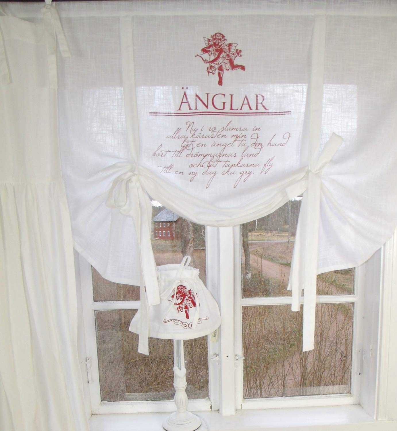 Raff Gardine ROMANTIK WEIß Rot Rollo 140x120 cm Scheibengardine Vintage Landhaus Shabby