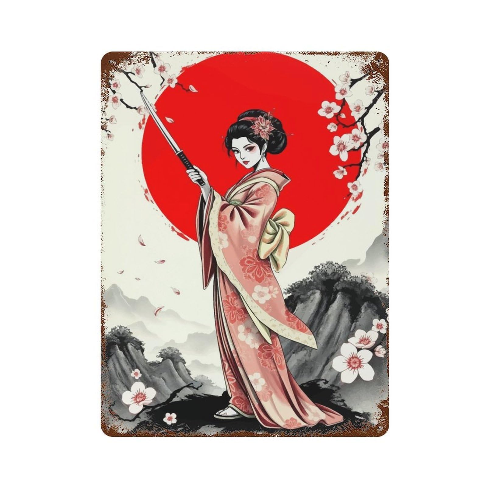 Aged Metal Wall Plaque with Geisha with Katana Design 15.7"x11.8", for Cafe, Home Bar And Lounge Decor, Novelty Wall Decor