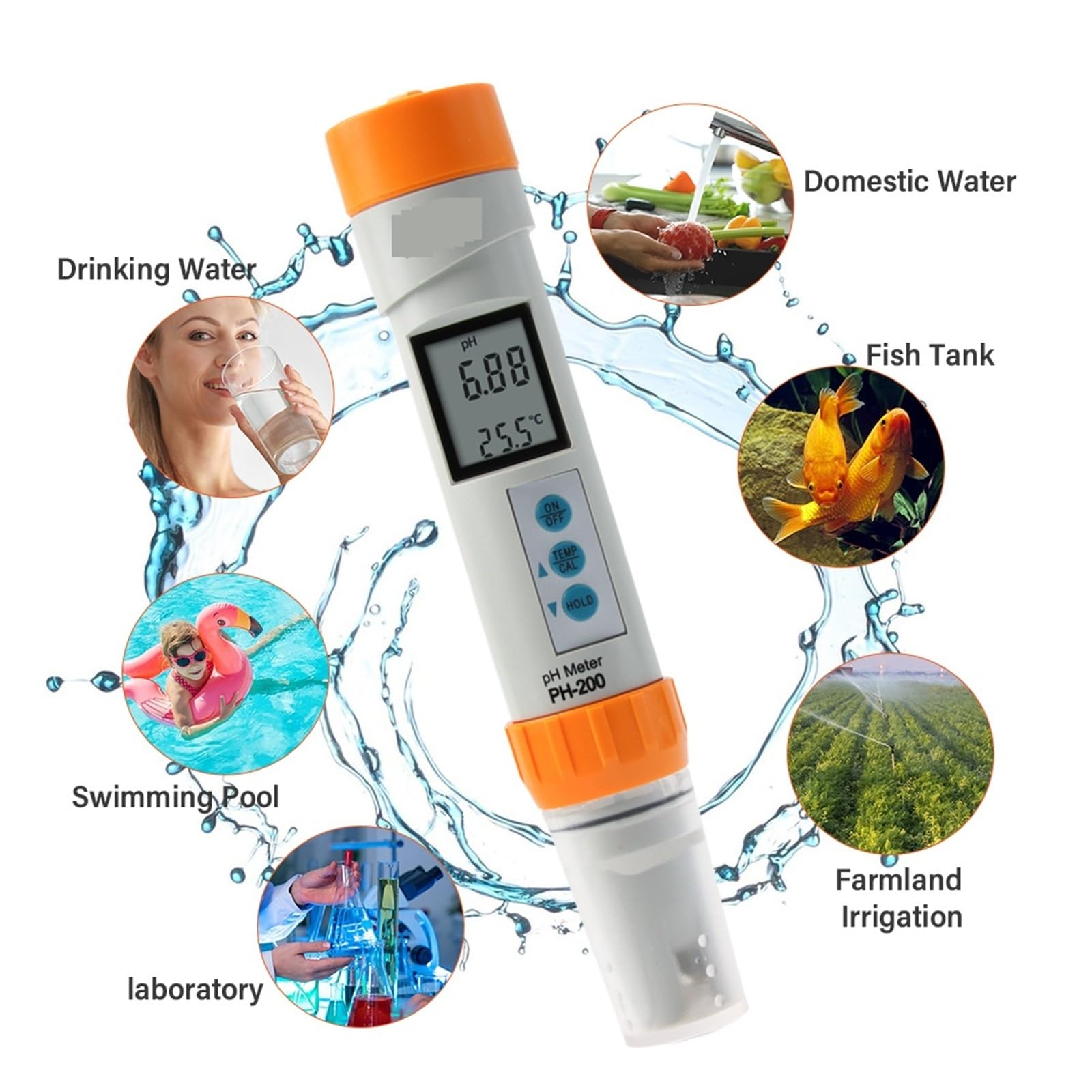 Probador de calidad del agua Medidor digital de TDS, EC, temperatura y pH, ±0,1, alta precisión, probador de calidad del agua, resistente al agua, for acuarios y piscinas.(Nero)