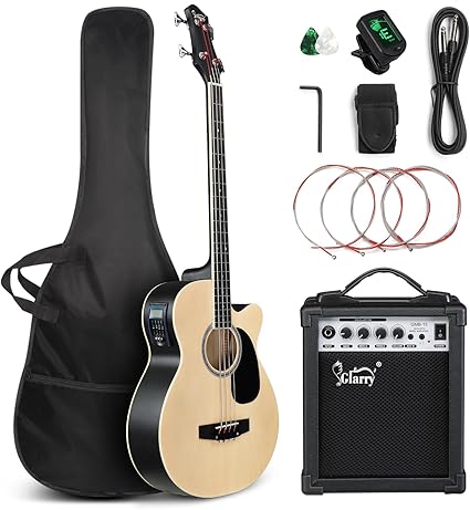 GLARRY Full Size Acoustic Electric Bass Guitar Beginner Kit w/ 15W Amp, Cutaway 4 Strings Electric Acoustic Bass Guitar w/Inbuilt Tuner, Bag, Strap, Picks, Strings, Bass Guitarra，Matte Natural
