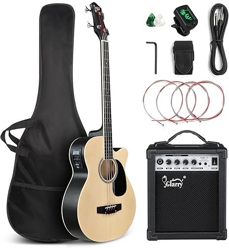 GLARRY Full Size Acoustic Electric Bass Guitar Beginner Kit w/ 15W Amp, Cutaway 4 Strings Electric Acoustic Bass Guitar w/Inbuilt Tuner, Bag, Strap, Picks, Strings, Bass Guitarra，Matte Natural