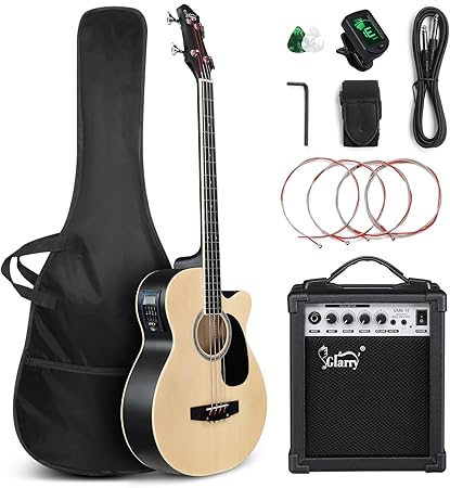 GLARRY Full Size Acoustic Electric Bass Guitar Beginner Kit w/ 15W Amp, Cutaway 4 Strings Electric Acoustic Bass Guitar w/Inbuilt Tuner, Bag, Strap, Picks, Strings, Bass Guitarra，Matte Natural