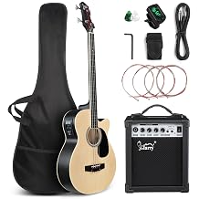 GLARRY Full Size Acoustic Electric Bass Guitar Beginner Kit w/ 15W Amp, Cutaway 4 Strings Electric Acoustic Bass Guitar w/Inbuilt Tuner, Bag, Strap, Picks, Strings, Bass Guitarra，Matte Natural