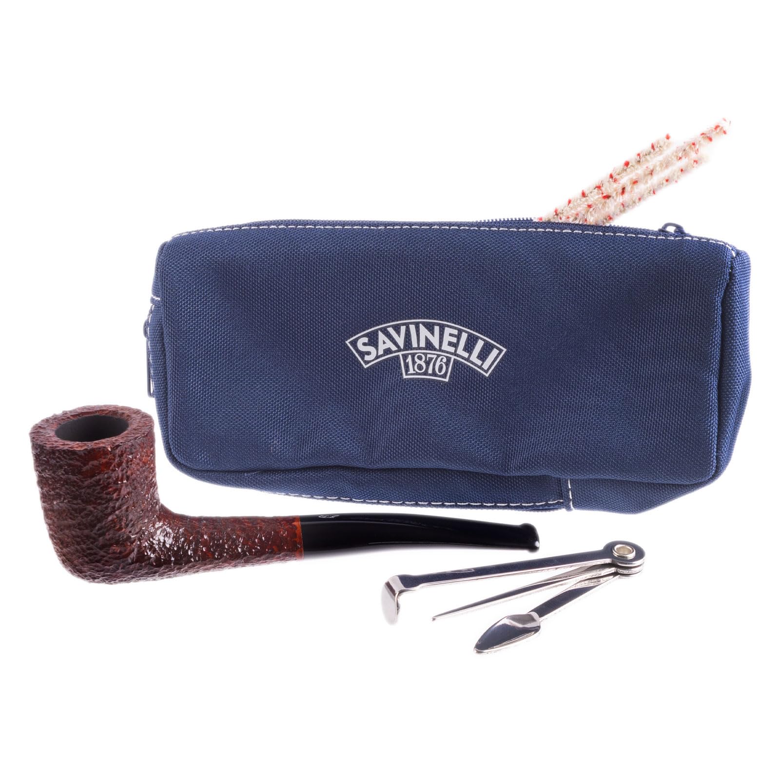 Savinelli One Tobacco Pipe Set - Hand Crafted Italian Briar Pipe, Zipper Pouch, Pipe Care Accessories, 3 in 1 Tool, Dark Rusticated Finish (404)