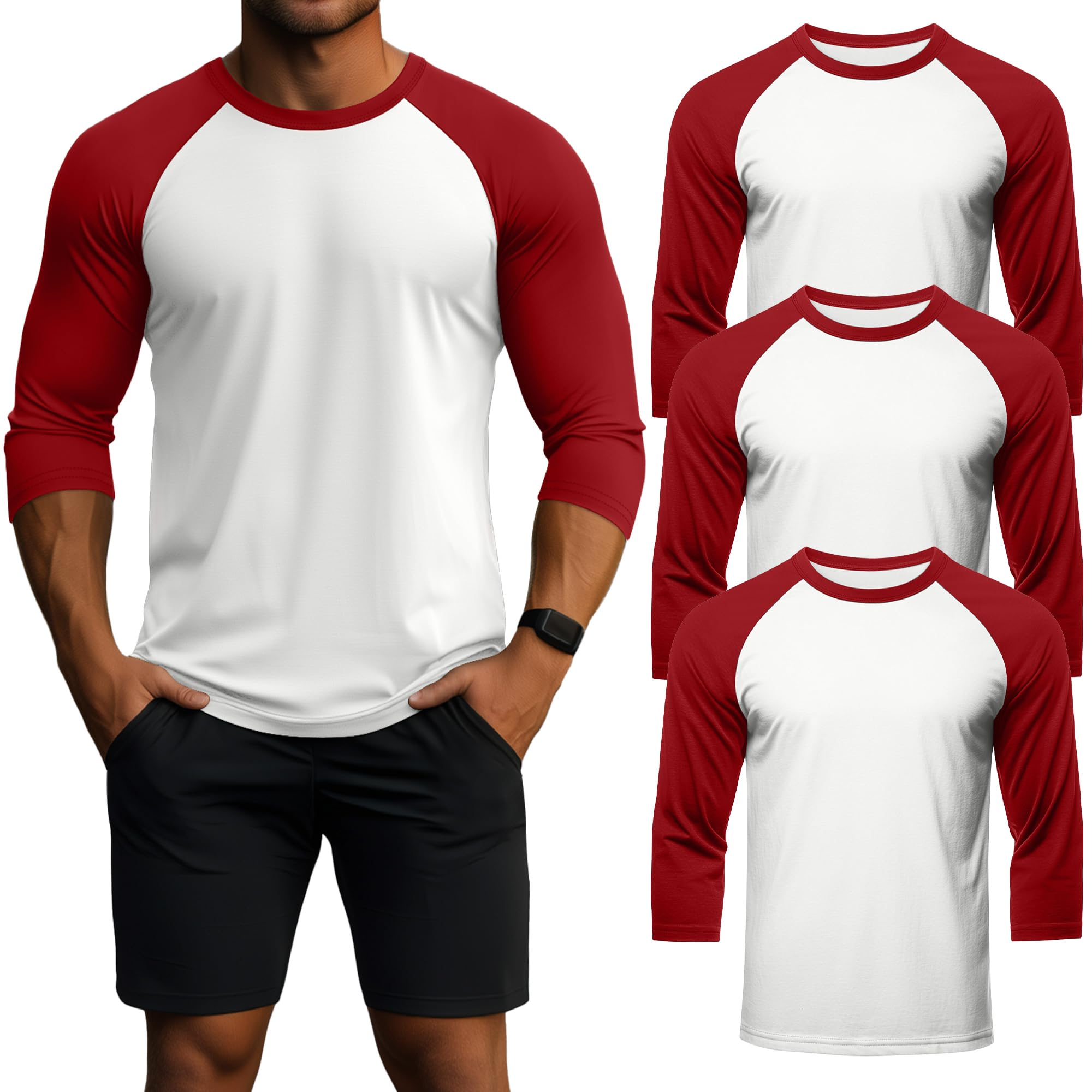 3 Pack Men's 3/4 Sleeve Shirts Cotton Crew Neck Baseball T Shirts Moisture Wicking Athletic Tops