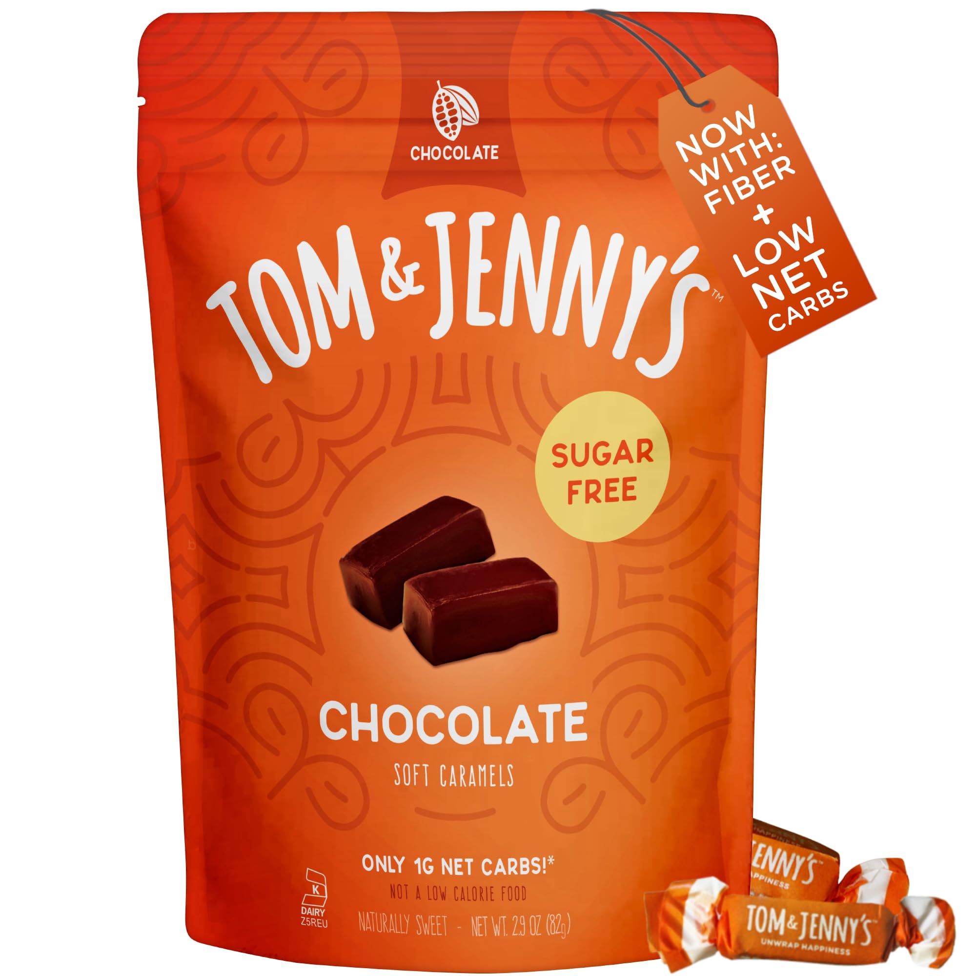 Tom & Jenny's Sugar Free Candy Soft Caramels Individually Wrapped - Sea Salt & Vanilla - Low Net Carb Keto Zero Sugar Candy with Allulose & Maltitol (Chocolate Chewy Caramels) 1 Pack