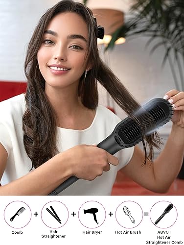 Miniatura 2 de Cepillo alisador de cabello con rejillas de ventilación, peine alisador de aire caliente todo en 1 para mujeres negras, doble voltaje, apagado Negro
