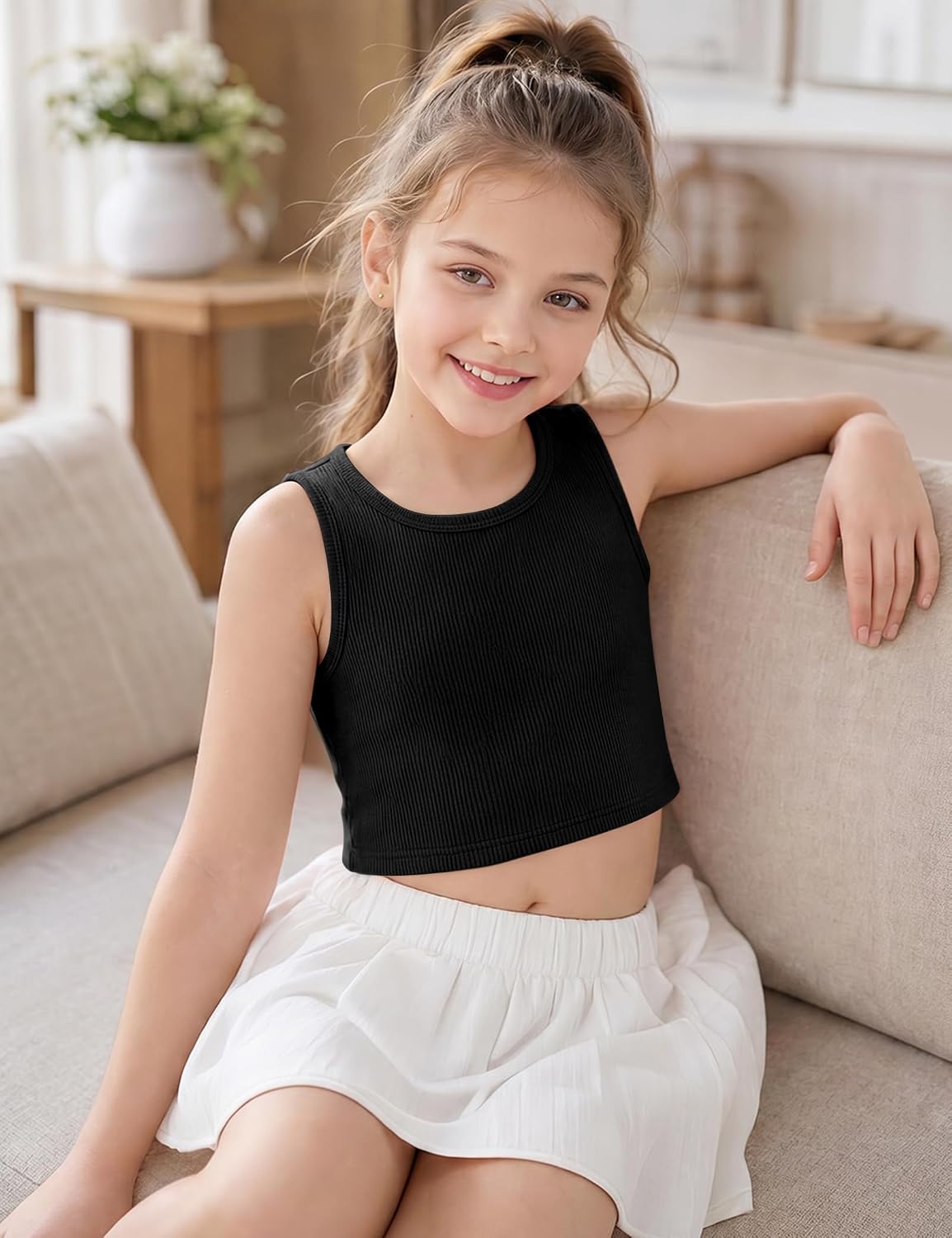 Witwot 2 Pack Girls Tank Tops Cute Ribbed Knit Crop Tops for Teen Kids | Athletic Dance Basic Top Size 5-14 Years