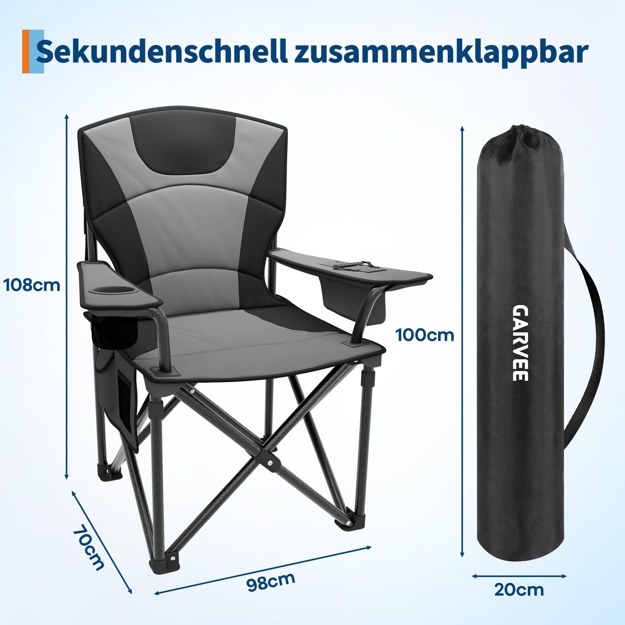 GarveeTech Sillas De Camping Plegables XXL para Adultos | Alta Resistencia y Máximo Confort - Respaldo Acolchado Alto - Soportan Hasta 200 kg - Con Portavasos, Bolsa Térmica y Bolsill