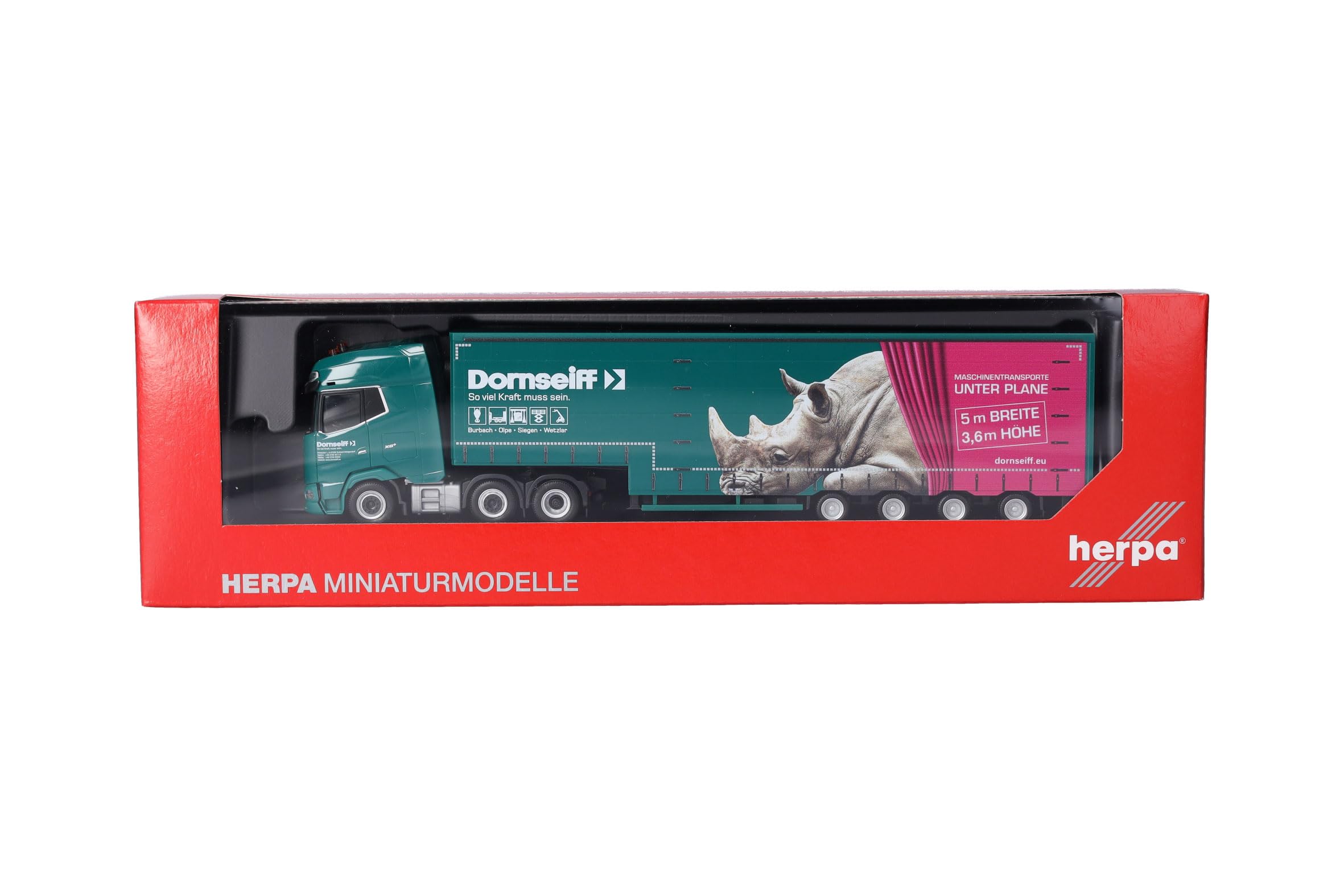 Herpa Model ciężarówki DAF XG+ naczepa objętościowa "Dornseiff", miniatura w skali 1:87, kolekcjonerski, Made in Germany, plastik