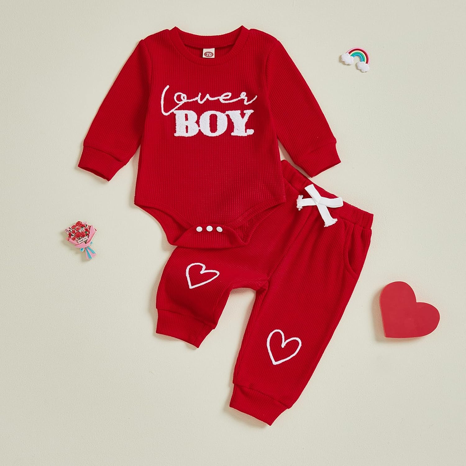 Newborn Infant Baby Boy Valentines Outfit Lover Boy Embroidery Waffle Knit Long Sleeve Romper Long Pants 2 Piece Set - Image 5