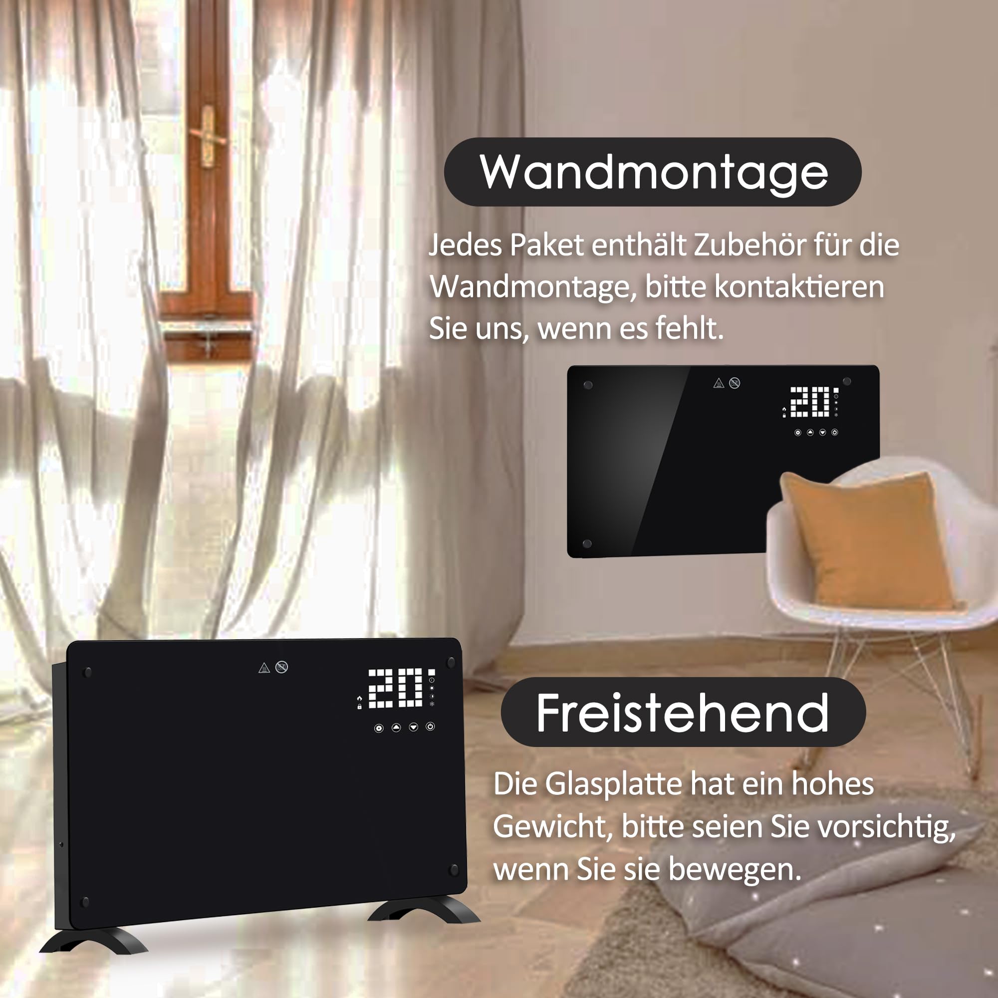 DONYER POWER Calentador convector de 1500 W, montaje en pared ultrafino o independiente, mando a distancia con temporizador de 24 horas, cristal negro