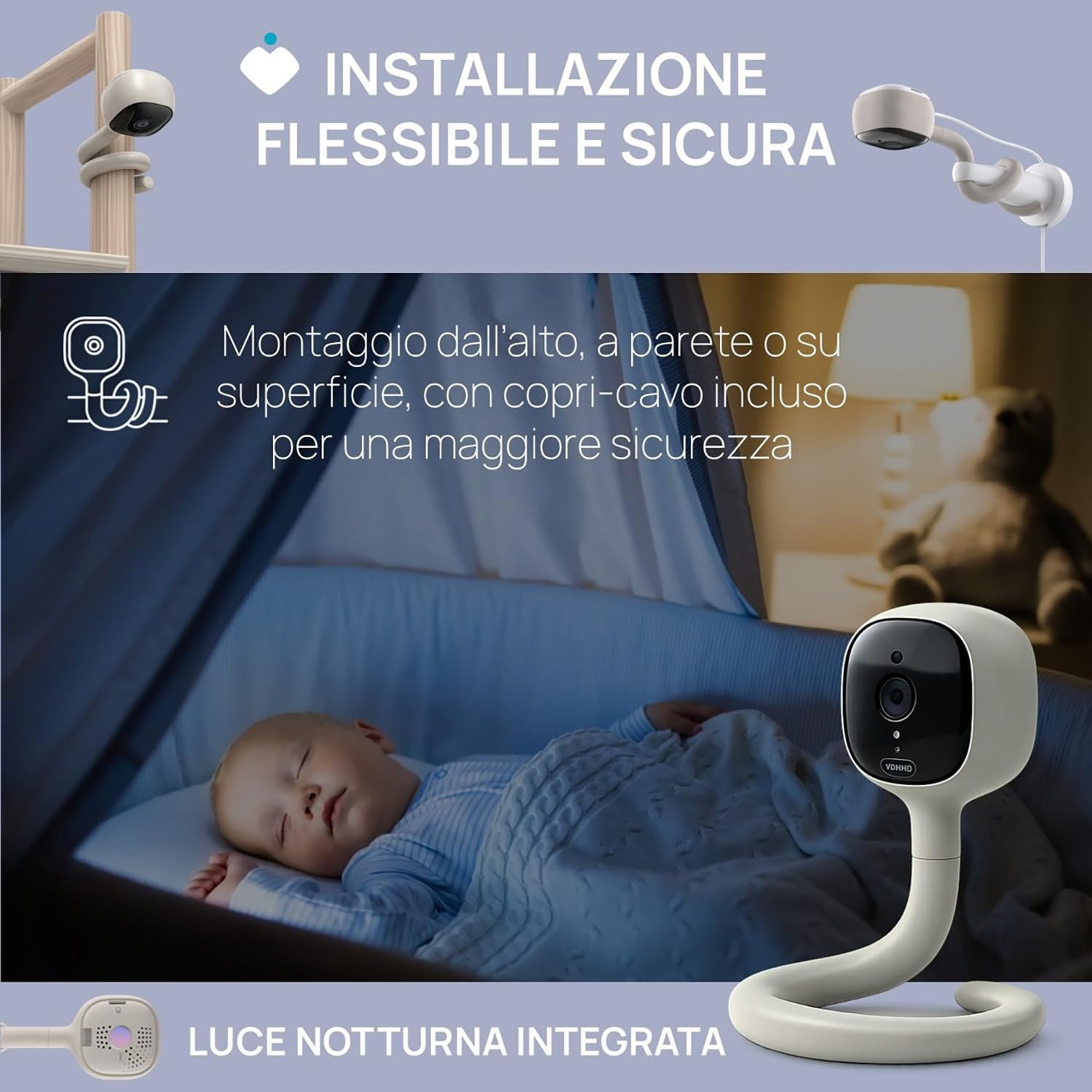 Chicco Wideo Baby Monitor Wi-Fi Smart AI, kamera 2K UHD z nocnym widzeniem na podczerwień, dedykowana aplikacja, wielokolorowe światła, nielanny i białe szumy, wisząca i adaptacyjna