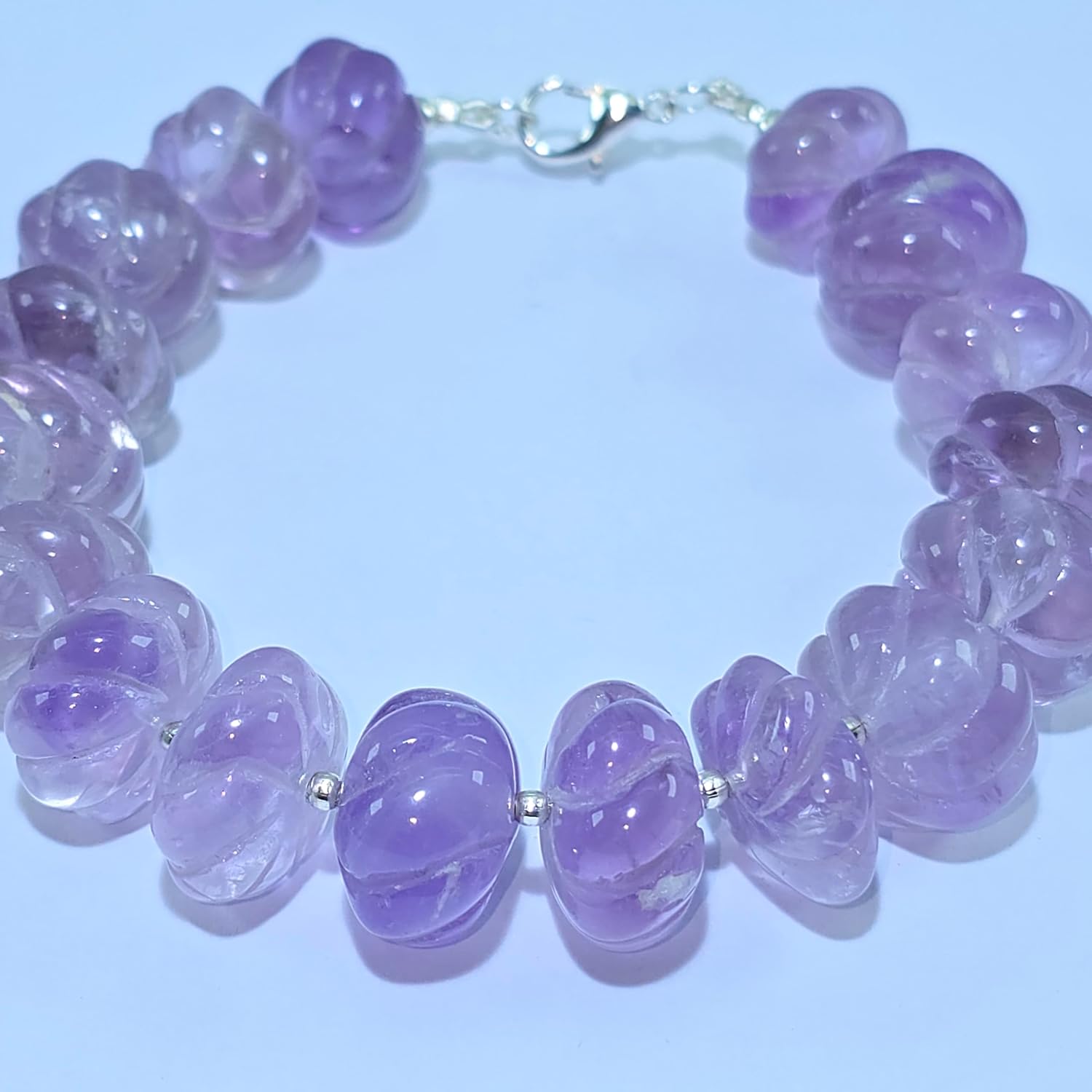 Natural amethyst gemstone 16x12-12x9mm stacking bracelet | 7 inch | purple color, pumpkin shape, carved cut, stone | with silver plated clasp | handmade jewellry |WW_ESK_00183
