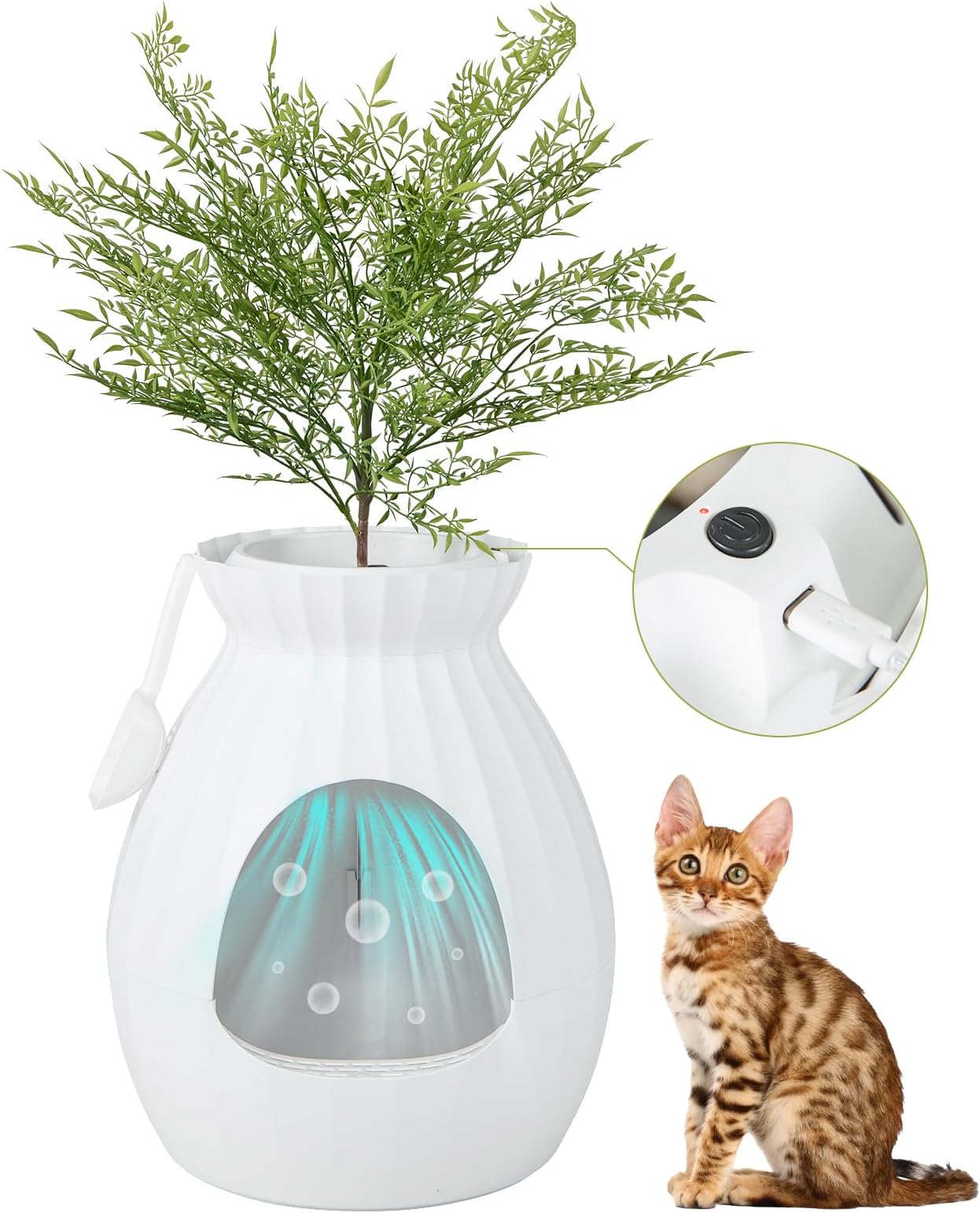 Giantex Cat Litter Box Plant - Hidden Litter Box Furniture with Electronic Odor Removal System, Detachable Door Curtain, Scoop, Cat Litter Box Enclosure Planter Home Decor, Easy to Clean (White)