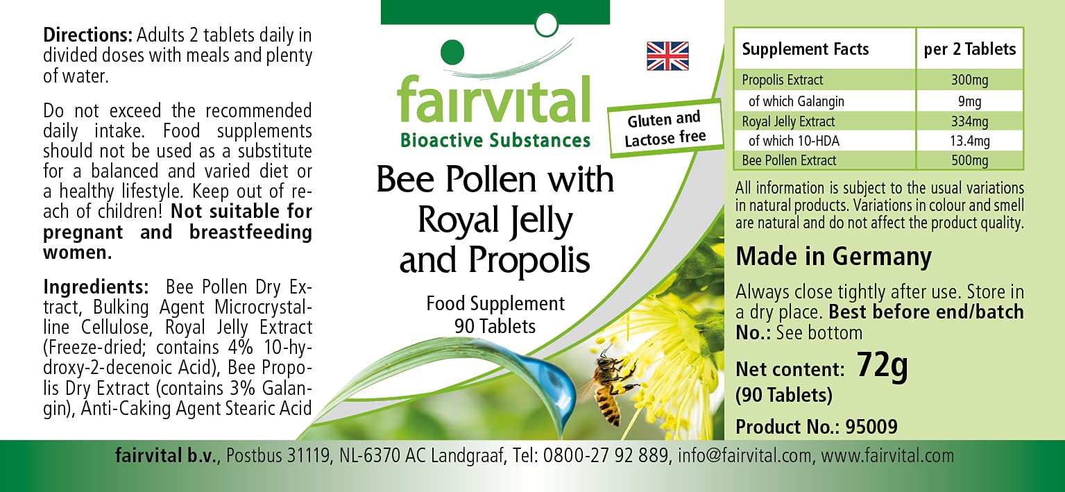 fairvital Pollen d'api con pappa reale e propoli, 90 compresse, ALTO DOSAGGIO