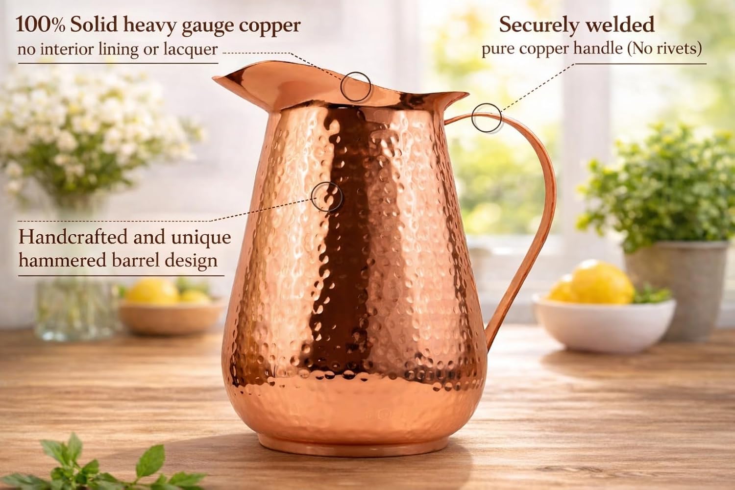 Bold & Divine Copper Water Pitcher with Lid – 100% Pure Copper Jug for Drinking Water, Juices and Beverages (68oz / 2L) | Handcrafted Hammered Vessel