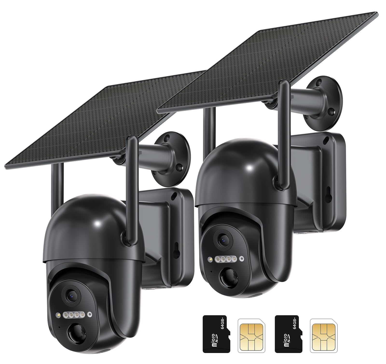 SEHMUA 4G LTE Cellular Solar Security Camera 2 Pack - No WiFi, 360° View, 2K Color Night Vision, PIR Motion Sensor, 2 Way Audio - Includes 32G Memory Card &SIM Card