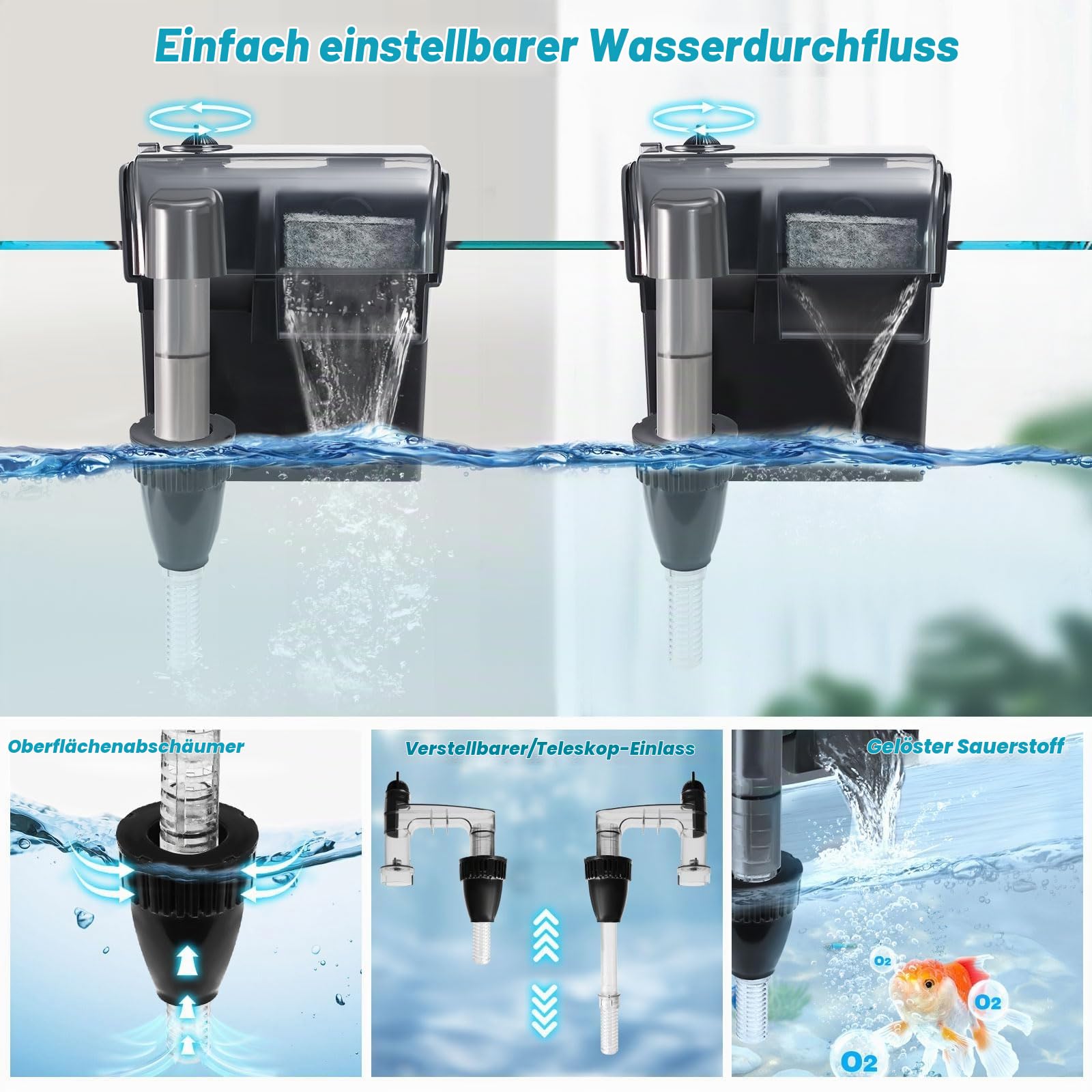 Tararium Rucksackfilter mit U-V Lampe 600L/h für 40-150 Liter Aquarien | Hang on Filter als 4-in-1 Außenfilter mit Oberflächenabsauger für Süß-/Salzwasser