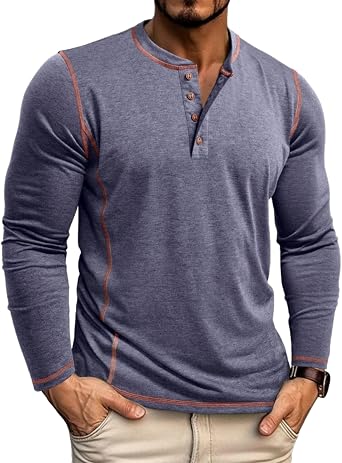 Mens Henley Shirts Long/Short Sleeve Casual Button T-Shirt Lightweight Cotton Pullover Shirts