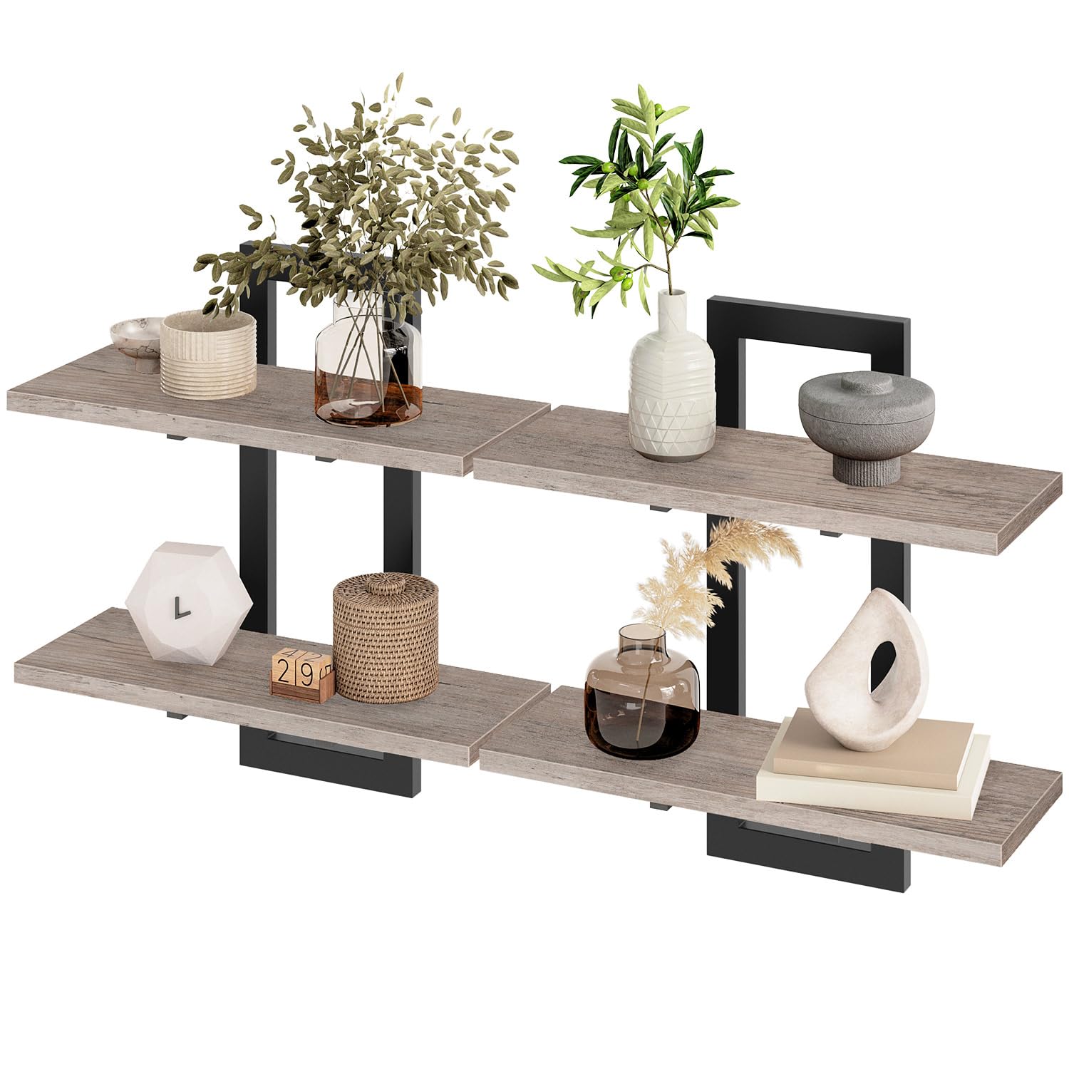 HOOBRO Schwebende Wandregale, 2-stufige Wandboard, Schweberegal 2er-Set, hängende Badezimmerregale, 38 cm Wandregale, für Wohnzimmer, Schlafzimmer, Küche, Greige EBG32BJ01