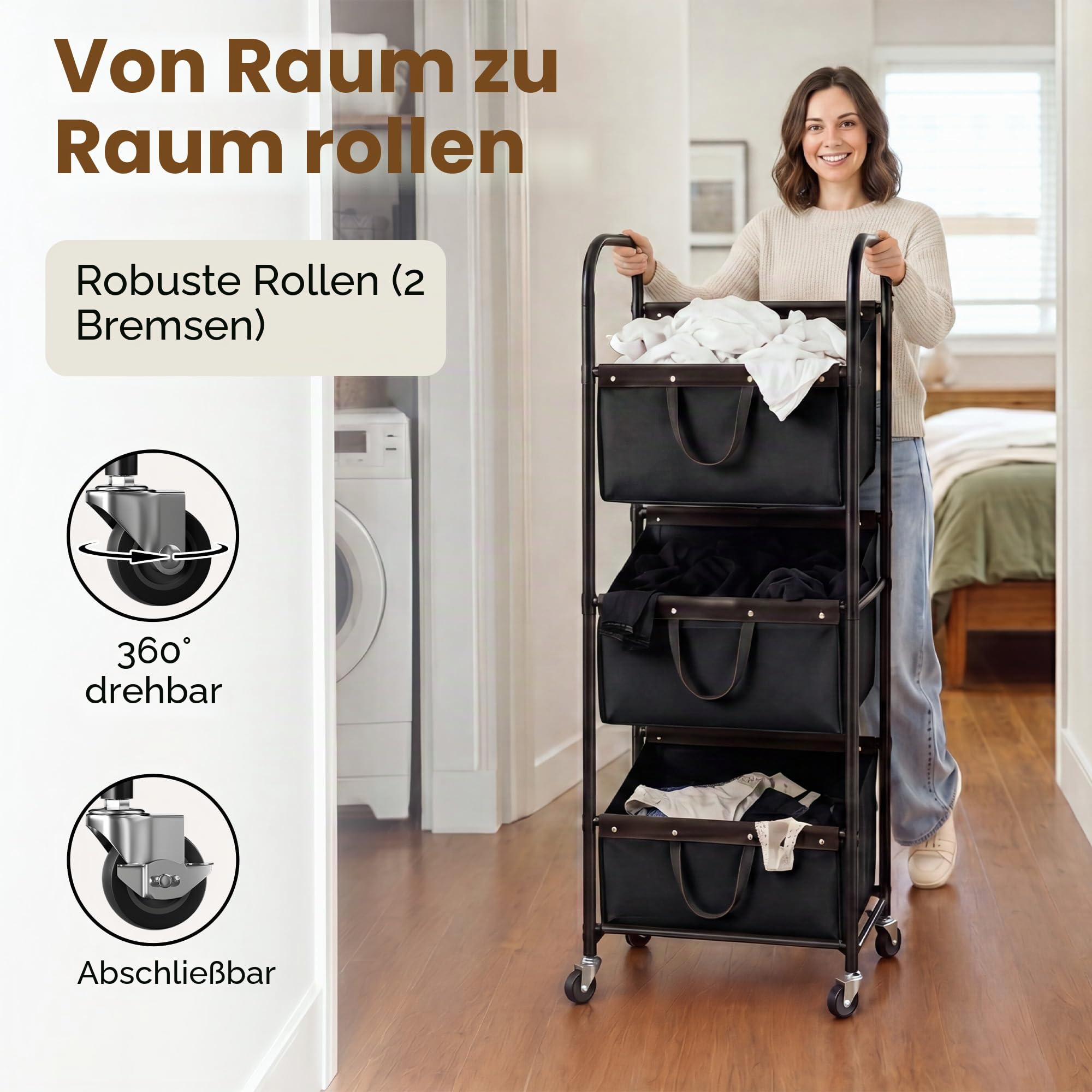 GRANNY SAYS Wäschekorb, Wäschesammler 3 fächer mit Rädern, 52x33x143 cm wäscheorganiser schmutzwäsche, wäsche sortiersystem auf Rollen für Wohnheim, Badezimmer, Schlafzimmer, Kleiderschrank, Schwarz
