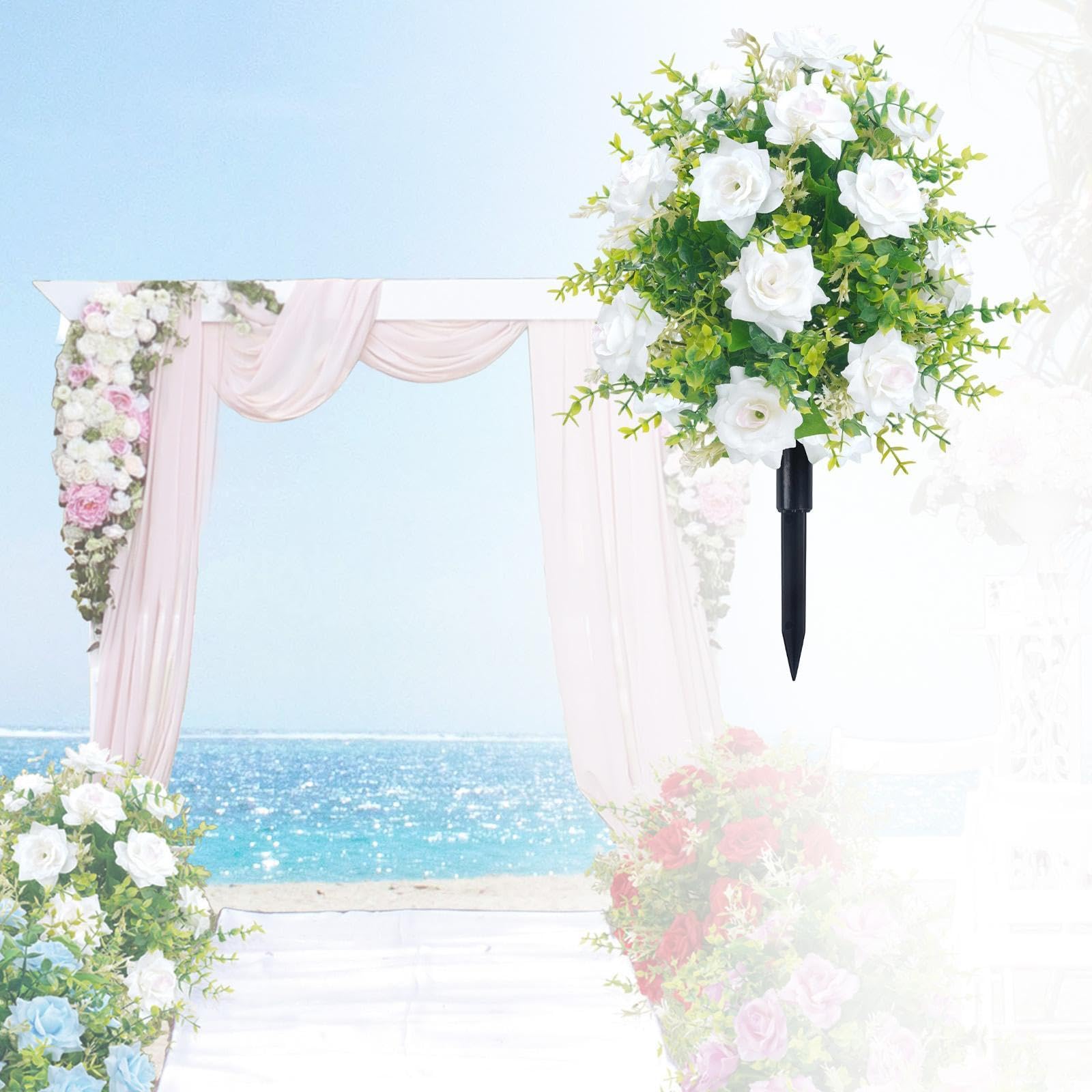 Générique Roses Artificielles avec Piquet, Accessoire Photo, Bouquet pour Porche, Pelouse Extérieure, à Suspendre, Blanc