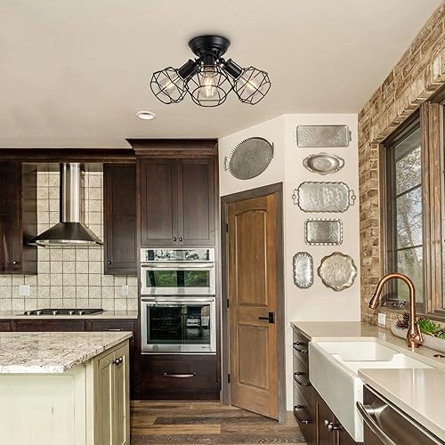 Miniatura 5 de Lámpara de techo industrial negra semiempotrada vintage de 3 luces de jaula negra, lámpara de techo de montaje empotrado negro para cocina,