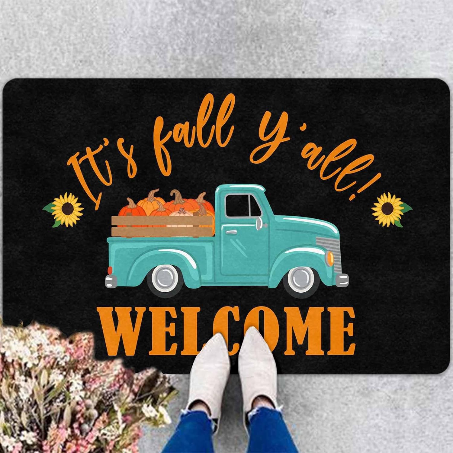 InterestPrint Fall Welcome Door Mat, Fall Truck Harvest Pumpkin Doormat for Front Door Outdoor Outside Entrance Porch Non Slip Rubber Rug Autumn Halloween Thanksgiving Farmhouse Decor