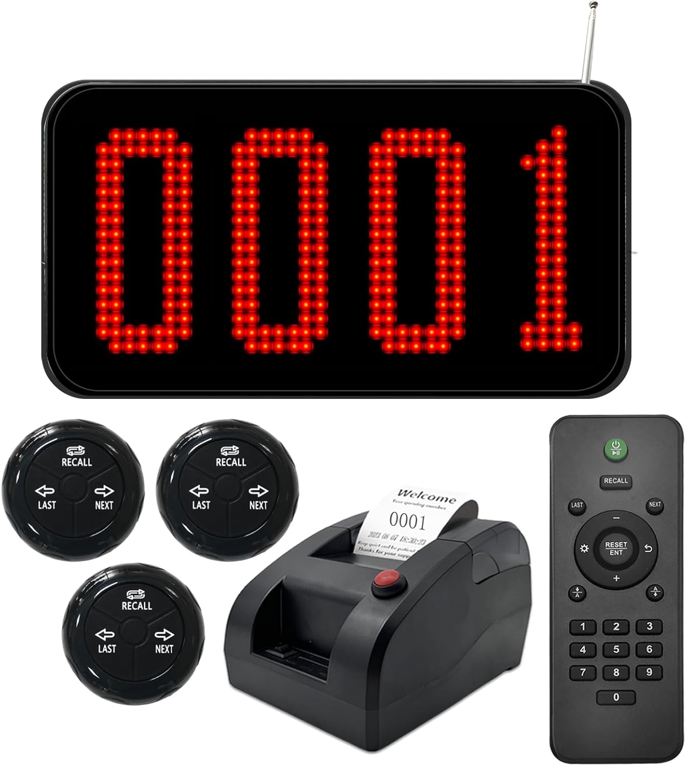 Take a Number System Wireless Queue Calling System with 4-Digit LED Number Display 3 Call Buttons 1 Ticket Dispenser Printer 57mm Thermal Receipt Paper Rolls 1 Remote Control for Restaurant Bank